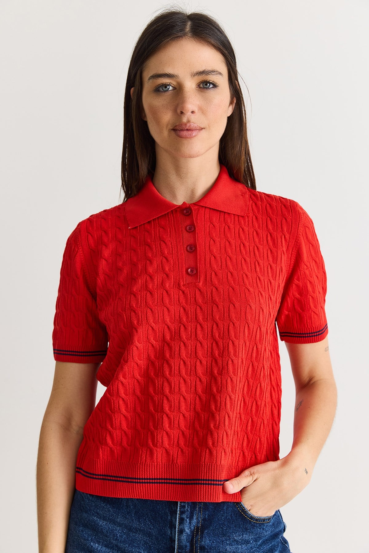 Kadın Polo Yaka Saç Örgü Desenli Kısa Kollu Triko Bluz 2903 60286569 - Kırmızı BLUZ modelleri