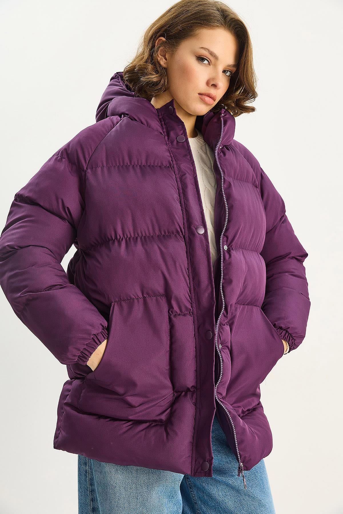 Kadın Regular Fit Kapüşonlu Fermuarlı Astarlı Cepli Şişme Mont 1400 60283685 - Mor DIŞ GİYİM modelleri