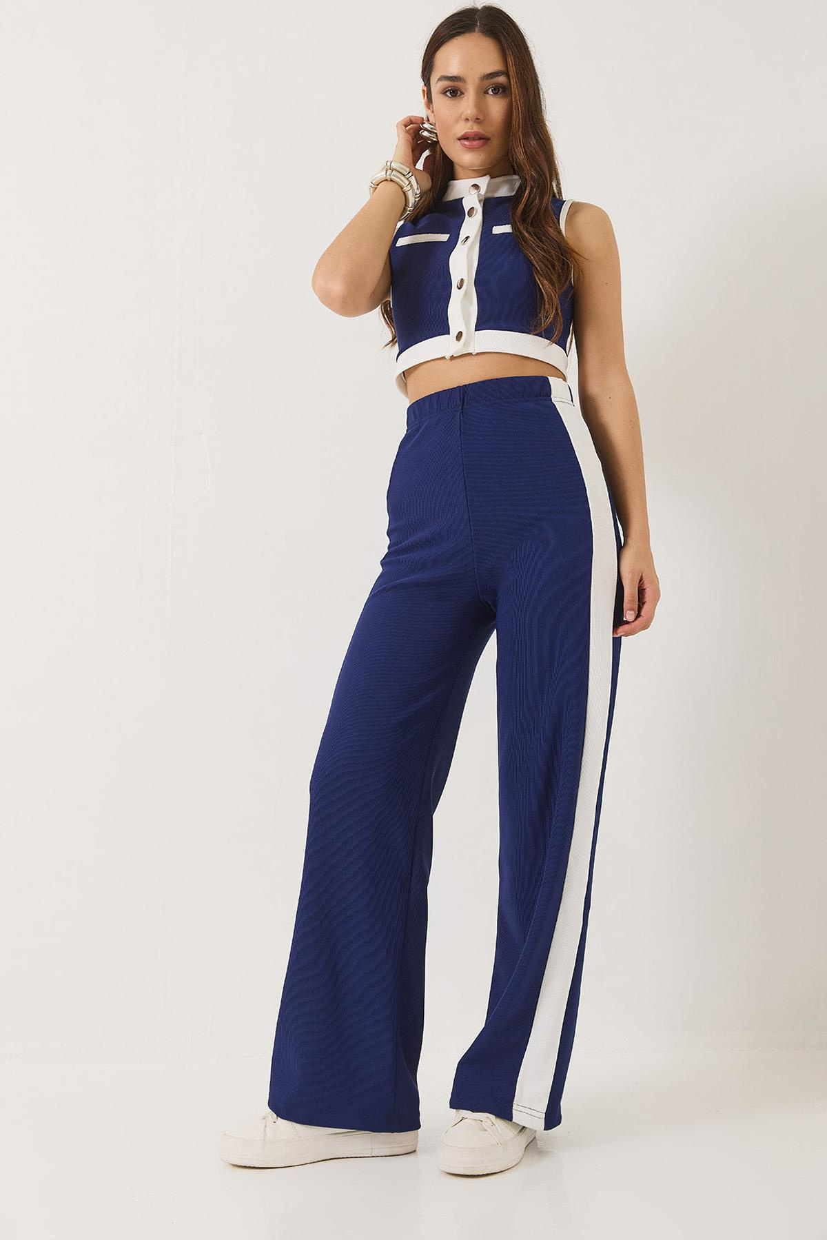 Kadın Şerit Detaylı Düğmeli Crop Yelek Palazzo Pantolonlu Ottoman Alt-Üst Takım 2215 60283153 - Saks
