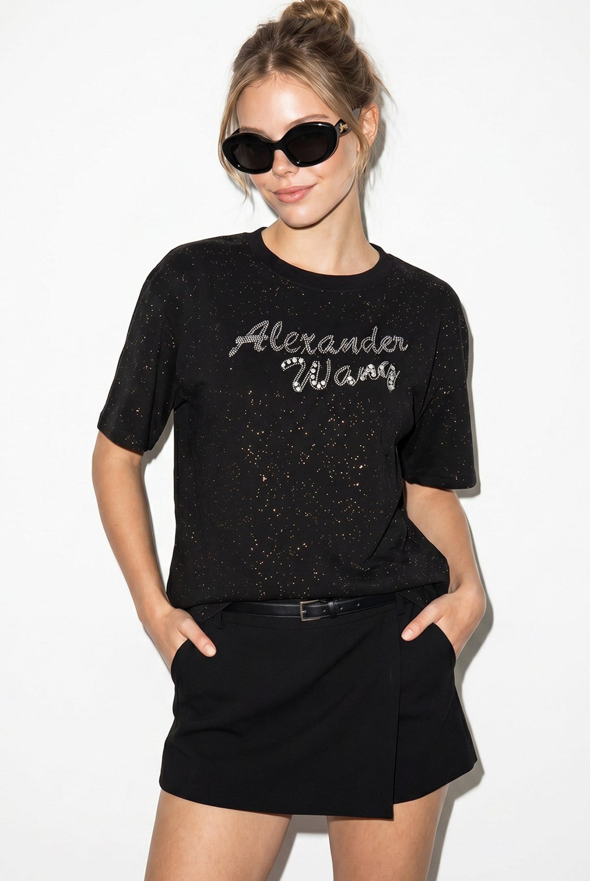 Kadın Simli Taş Yazı Baskılı Bisiklet Yaka Oversize Basic T-Shirt 2244 60286376 - Siyah T-SHİRT modelleri