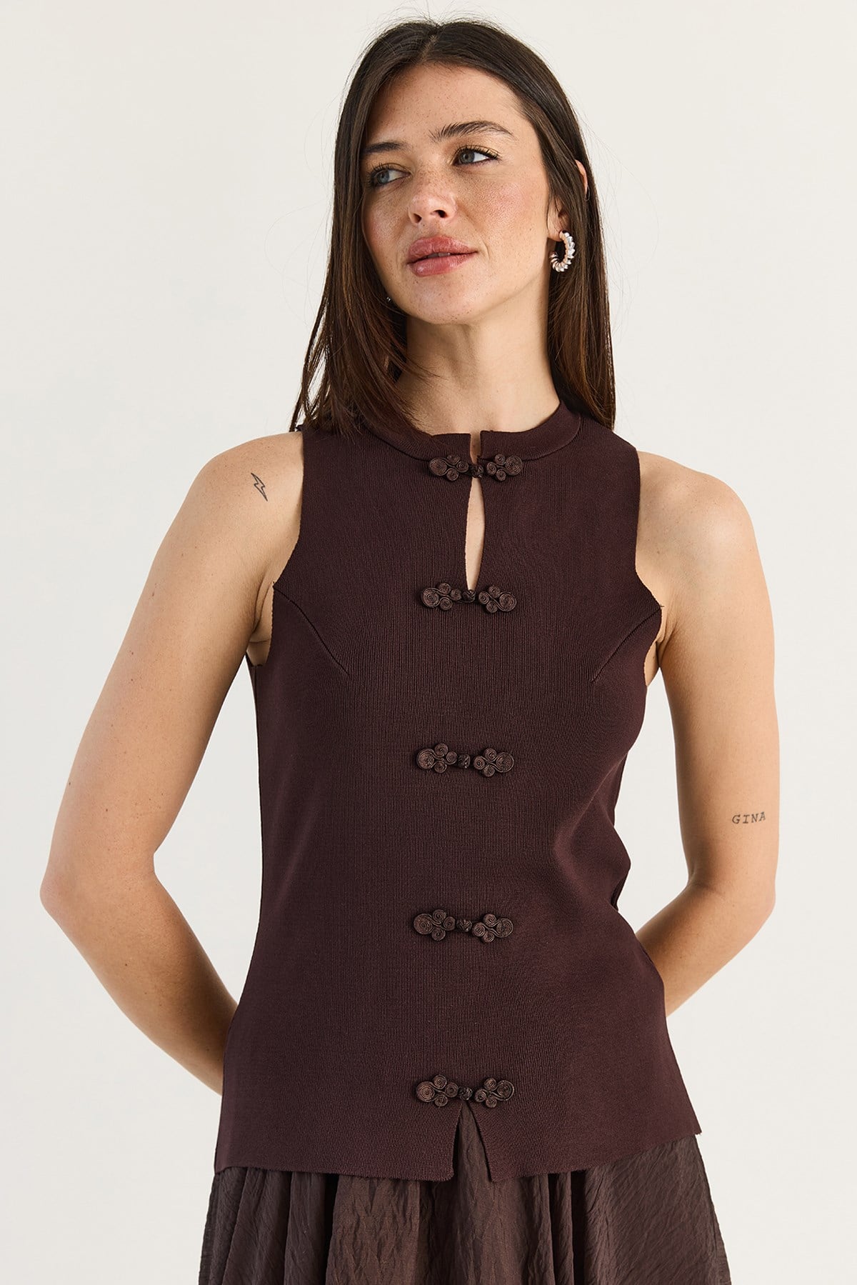 Kadın Süs Düğmeli Triko Peplum Top Bluz 2854 60286537 - Acı Kahve BLUZ modelleri