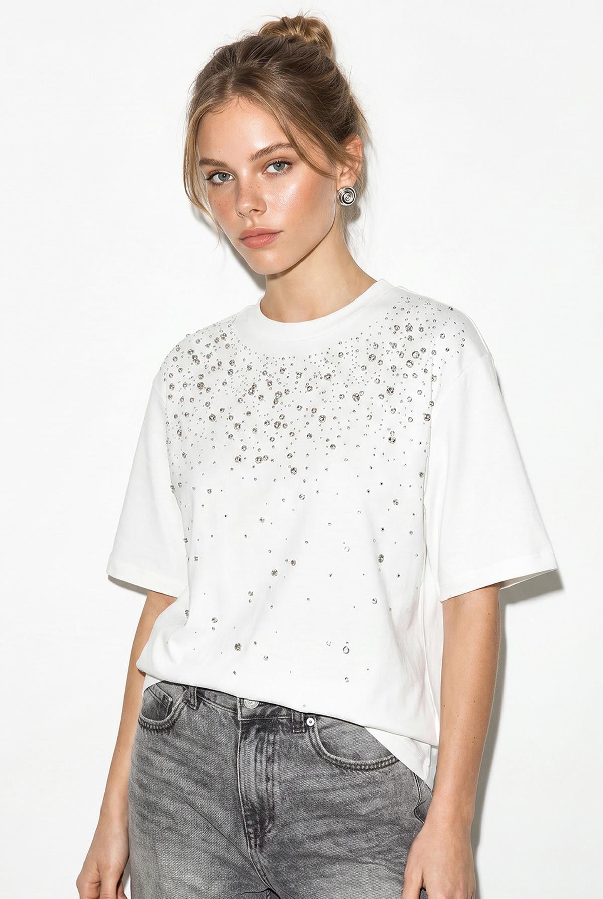 Kadın Taş İşlemeli Bisiklet Yaka Oversize Pamuklu T-Shirt ÖT261107 60286302 - Beyaz T-SHİRT modelleri
