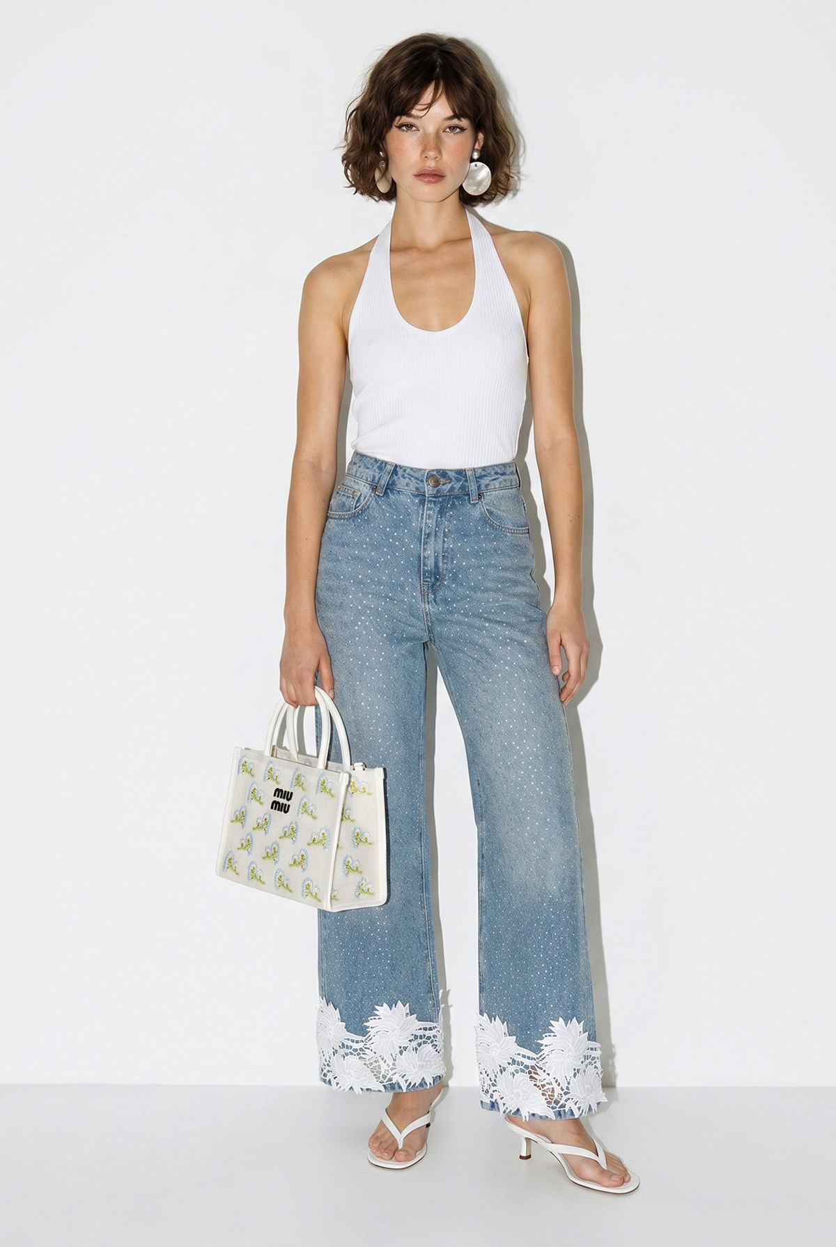 Kadın Taş İşlemeli Dantel Paça Wide Leg Denim Pantolon DP261032 60286416 - Mavi PANTOLON modelleri