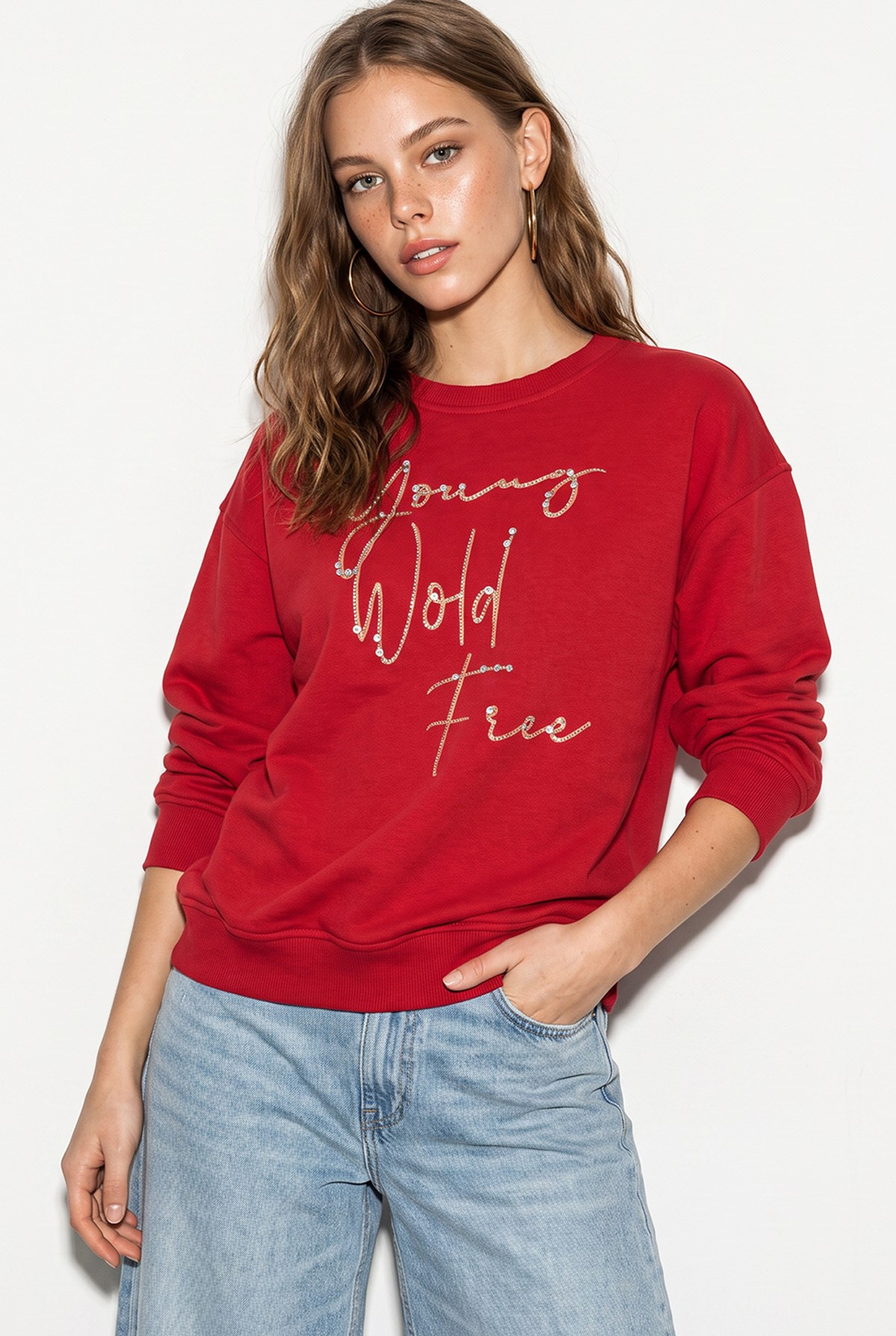 Kadın Taşlı Yazı Detaylı Oversize Üç İplik Sweatshirt 1006 60286478 - Kırmızı SWEATSHİRT modelleri
