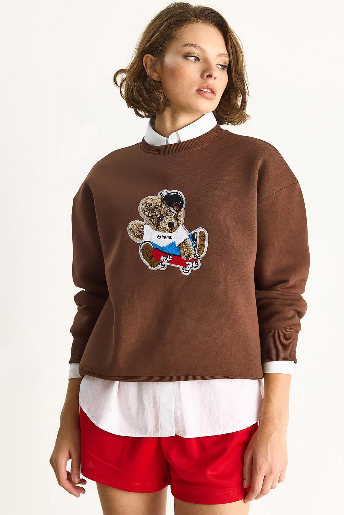 Kadın Teddy Nakış İşlemeli Bisiklet Yaka Salaş Sweatshirt 6864 60283522 - Kahverengi SWEATSHİRT modelleri