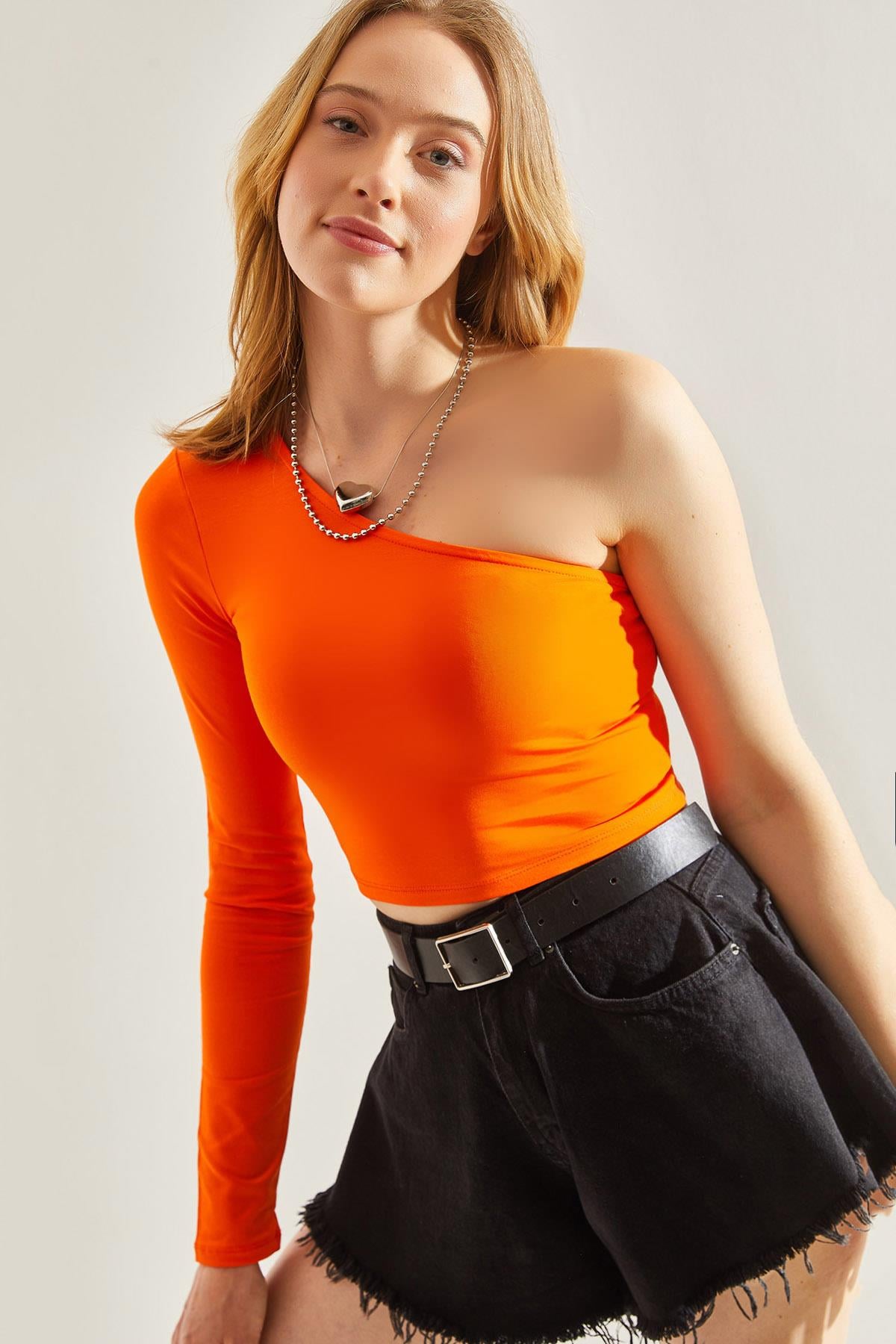 Kadın Uzun Tek Omuz Crop Bluz 60251257 - turuncu BLUZ modelleri