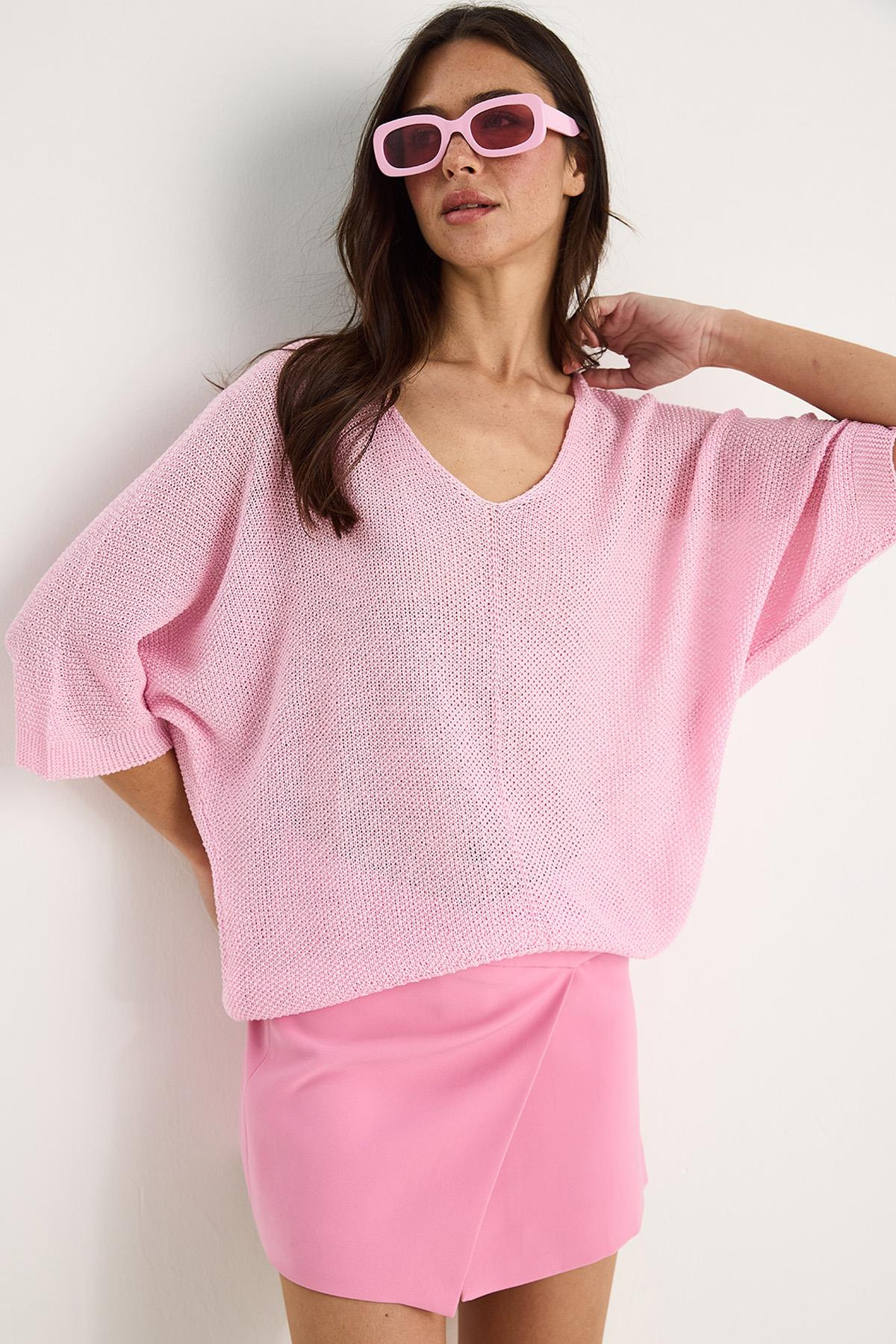 Kadın V Yaka Selanik Örgü Oversize Triko Bluz TY251045 60283338 - Şeker Pembe