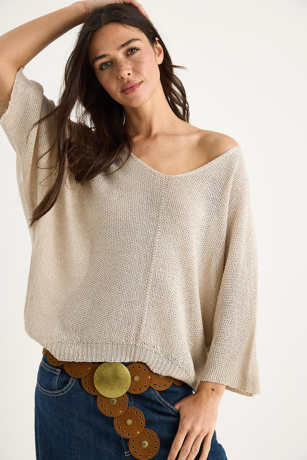 Kadın V Yaka Selanik Örgü Oversize Triko Bluz TY251045 60283338 - Bej