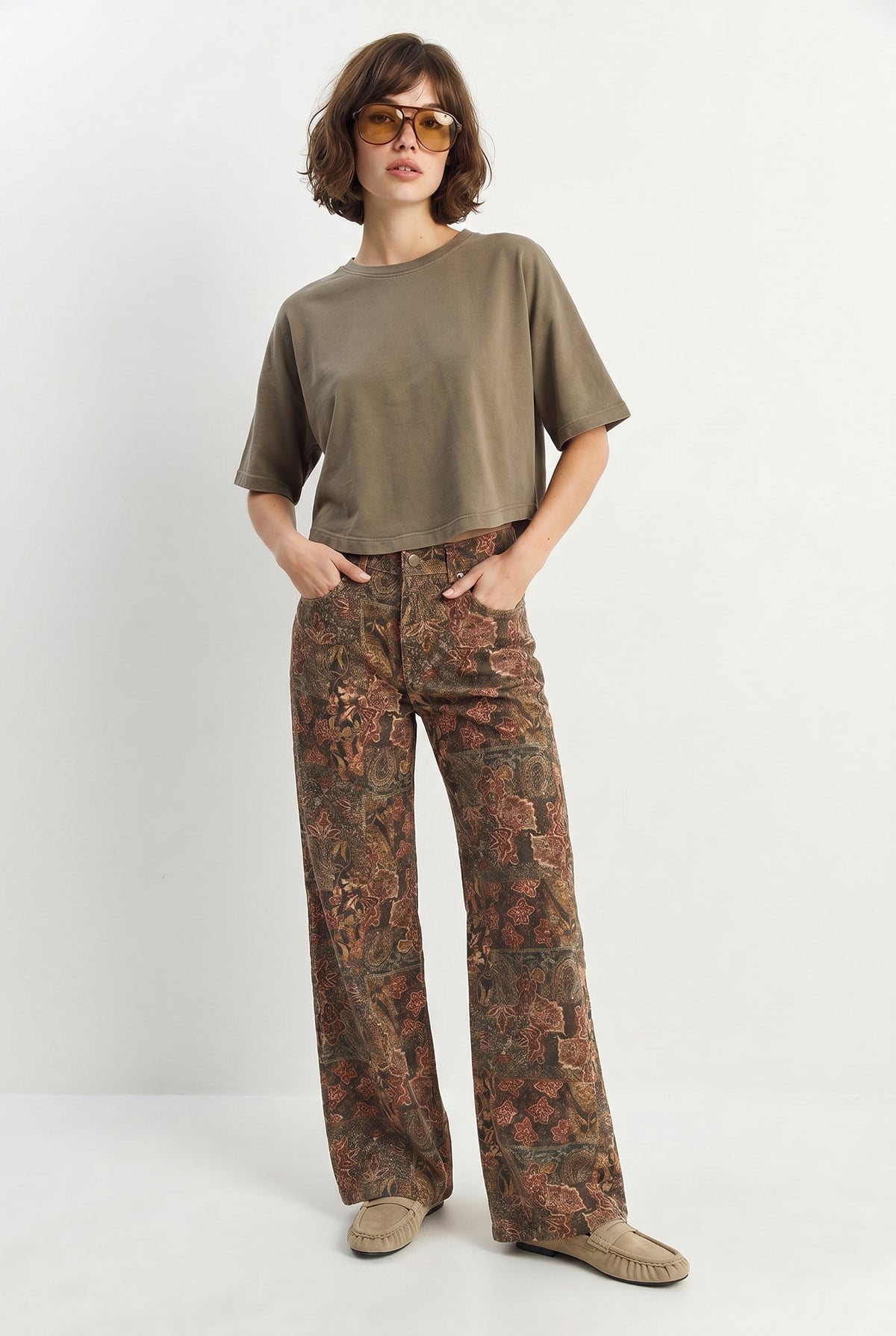 Kadın Vintage Desen Yüksek Bel Denim Pantolon DP251033 60286008 - Haki PANTOLON modelleri