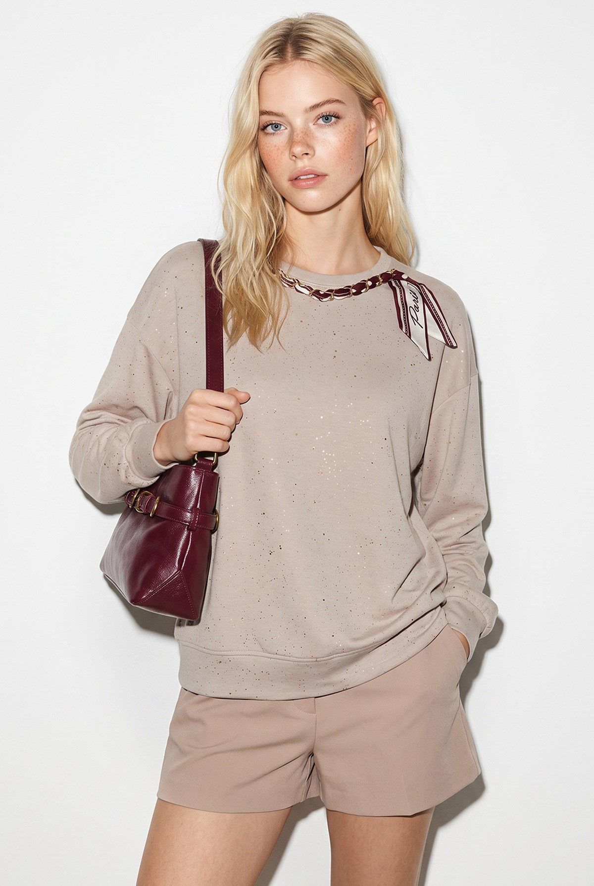 Kadın Yaldız Baskılı Zincir ve Fular Detaylı Modal Oversize Sweatshirt 2266 60286477 - Bej SWEATSHİRT modelleri