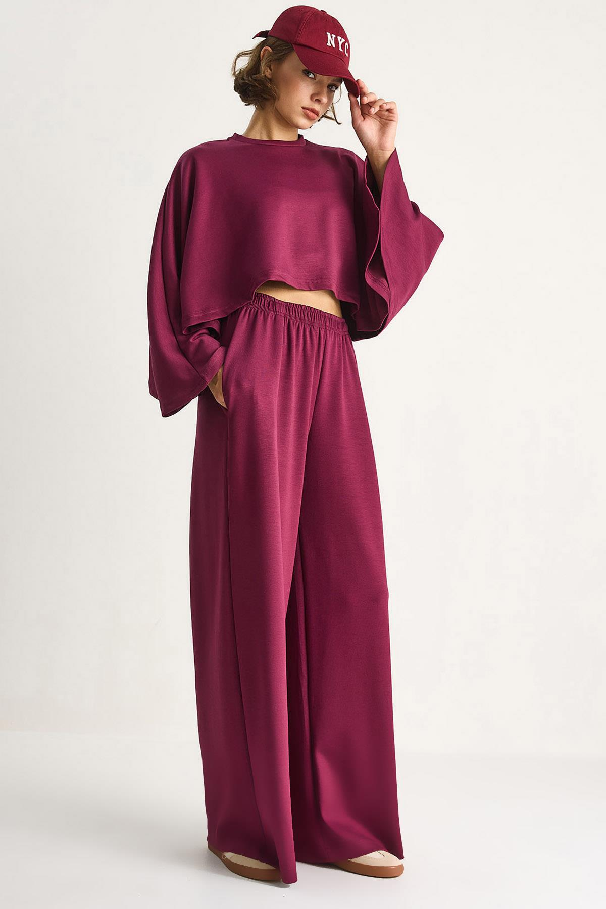 Kadın Yarasa Kol Crop Beli Lastikli Pantolon Modal Alt-Üst Takım 4025  60284068 - Vişne ALT - ÜST TAKIM modelleri