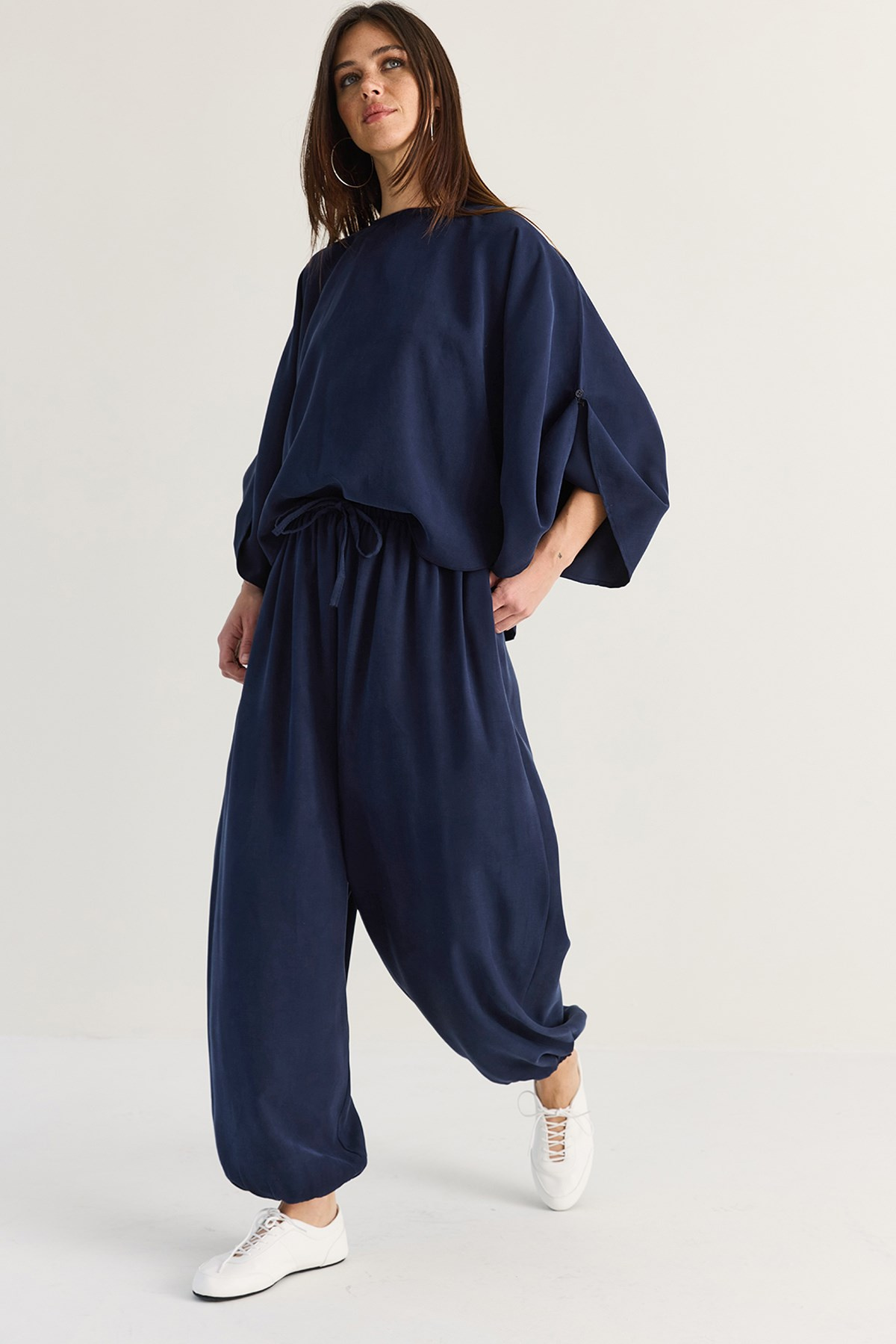 Kadın Yarasa Kol Oversize Bluz Şalvar Pantolon Modal Alt-Üst Takım 4183 60286473 - Lacivert ALT - ÜST TAKIM modelleri