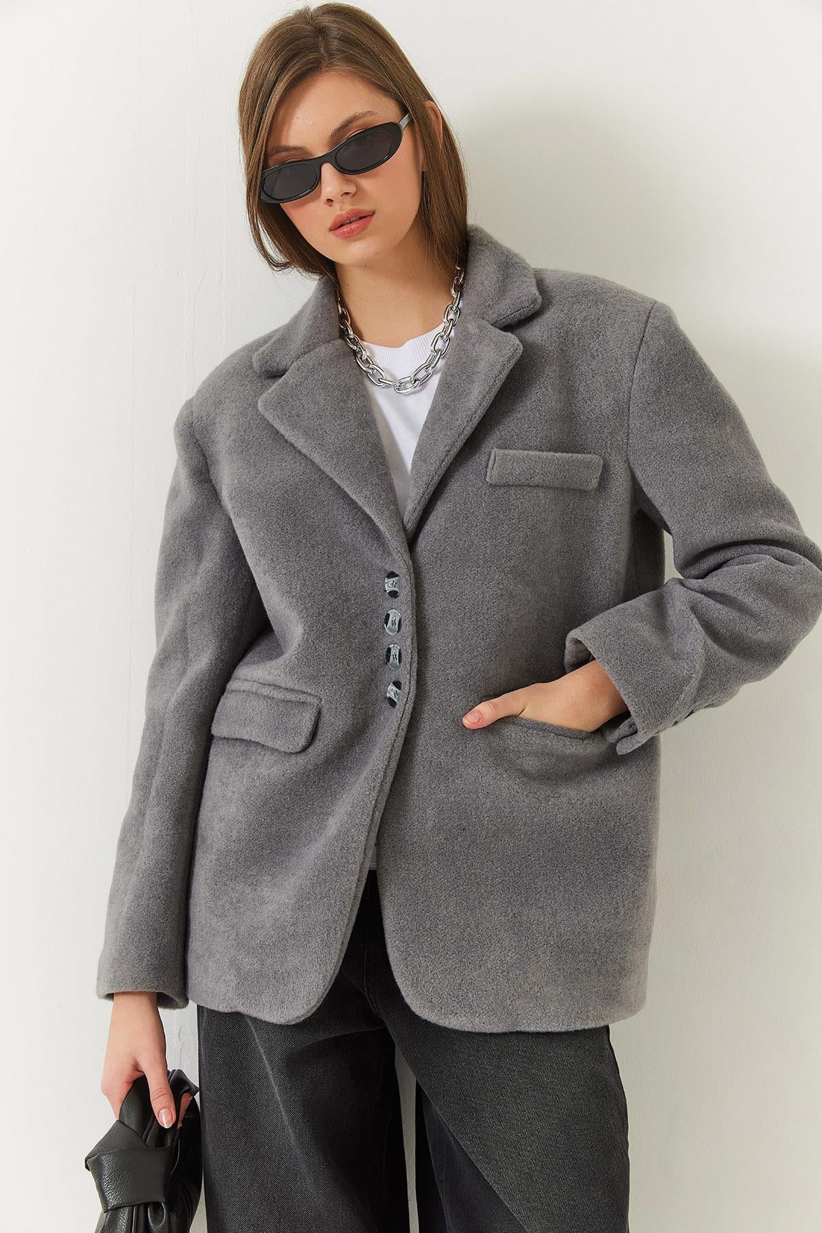 Kalın Kaşe Blazer Ceket Kısa Kaban 60261366 - Gri