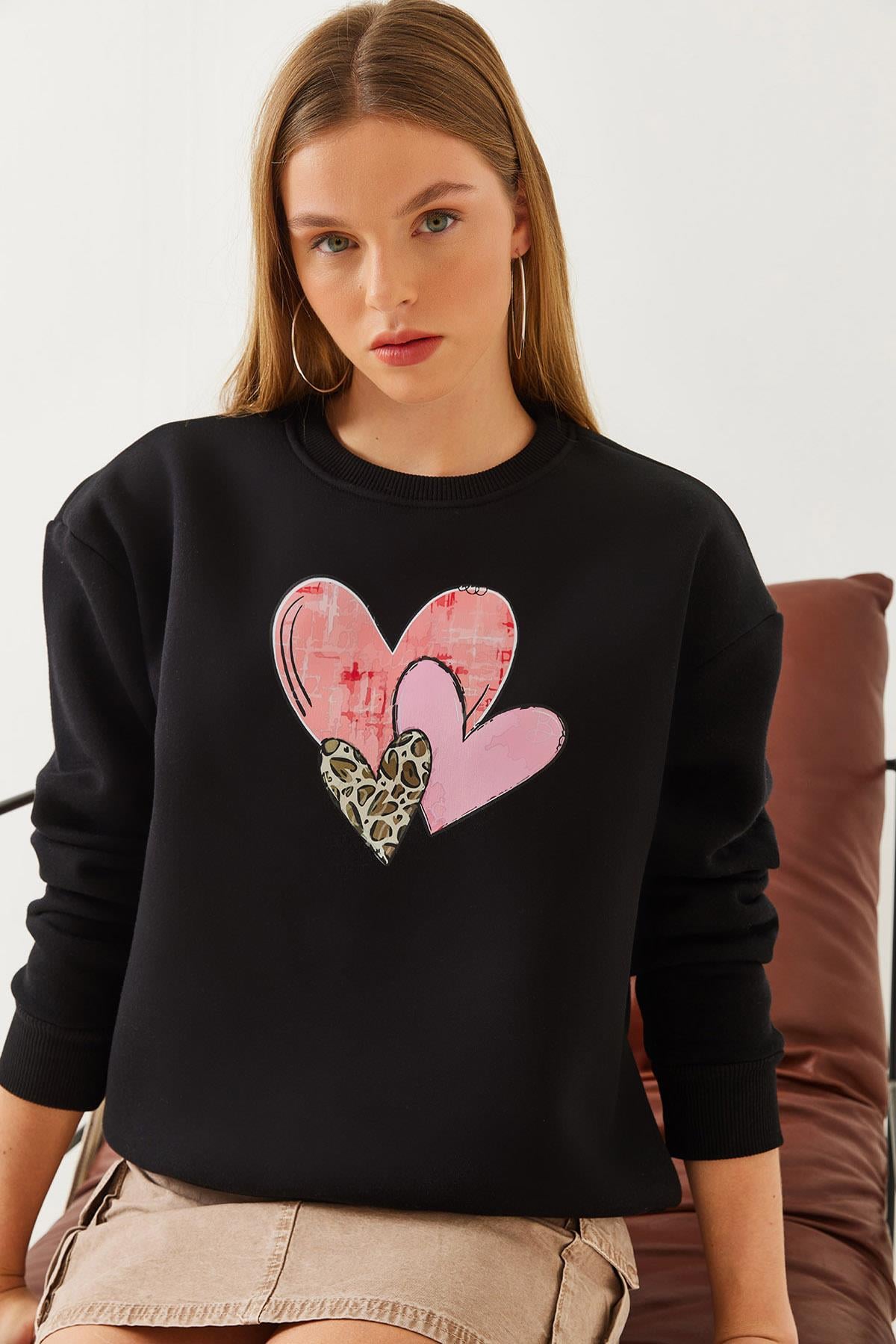 Kalp Baskılı Sweatshirt MBHS017 60601017 - Siyah