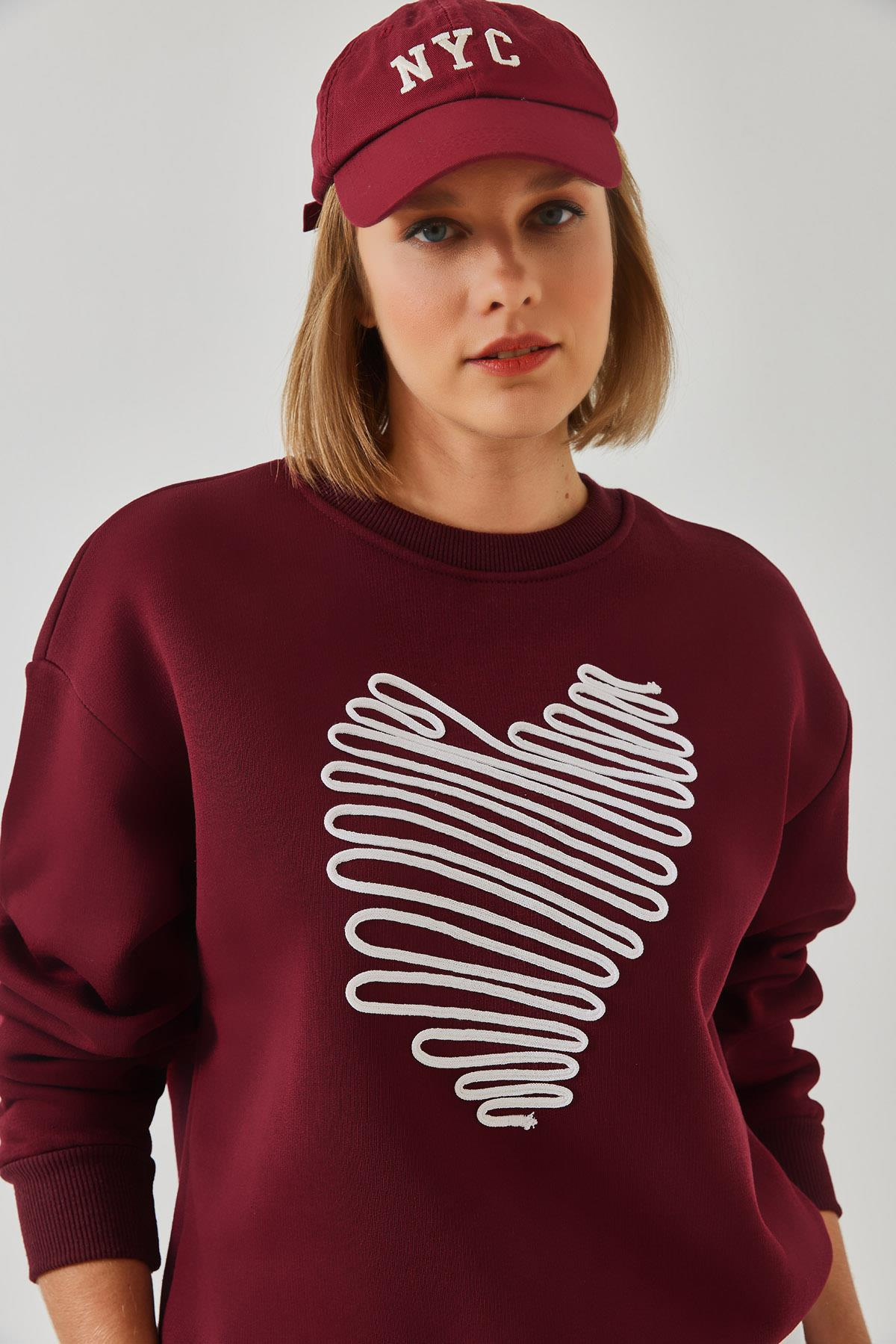 Kalp Nakışlı Sweatshirt 60601030 - Bordo