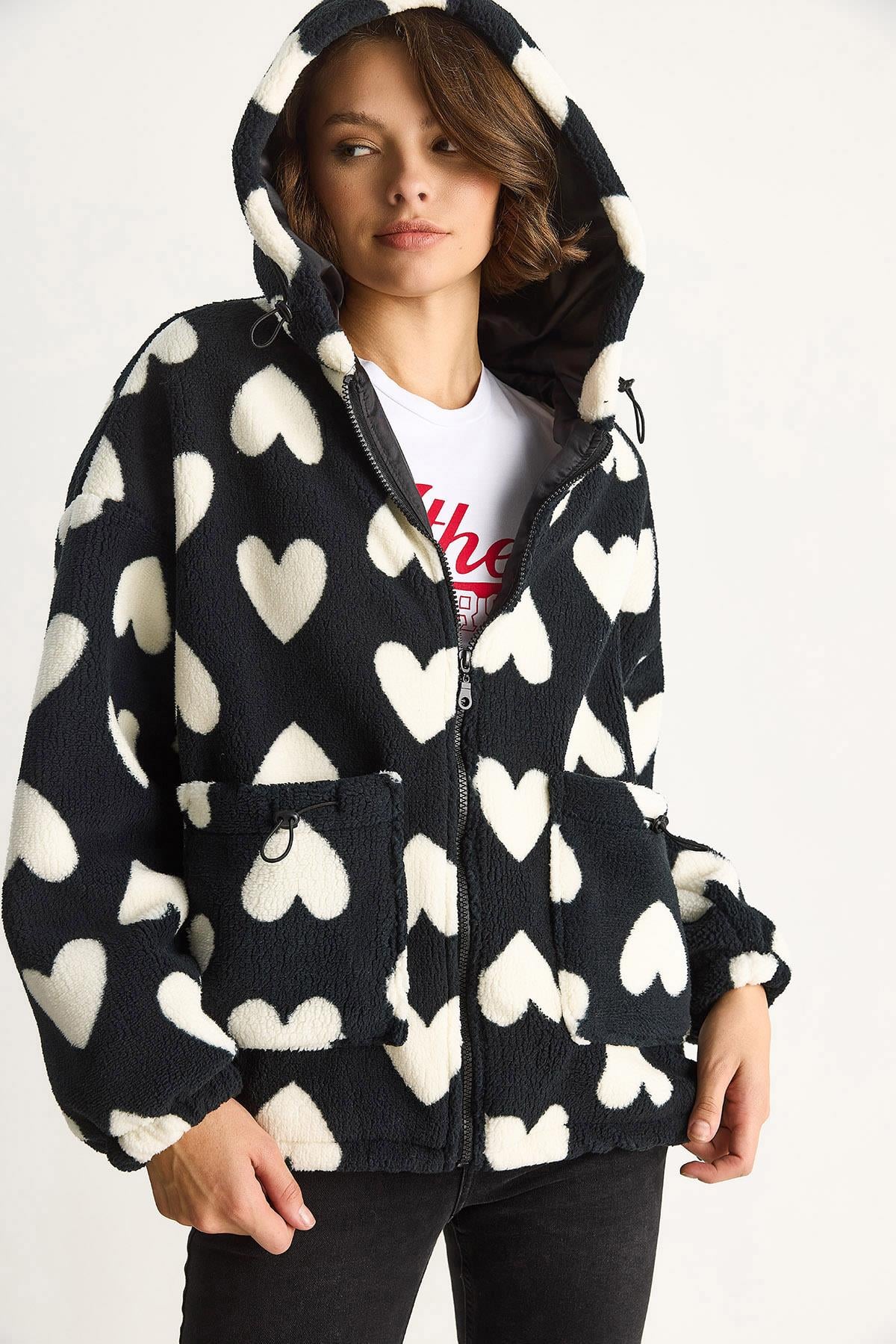 Kalpli Kapüşonlu Oversize Peluş Mont RI00001 60283537 - Siyah-Ekru DIŞ GİYİM modelleri