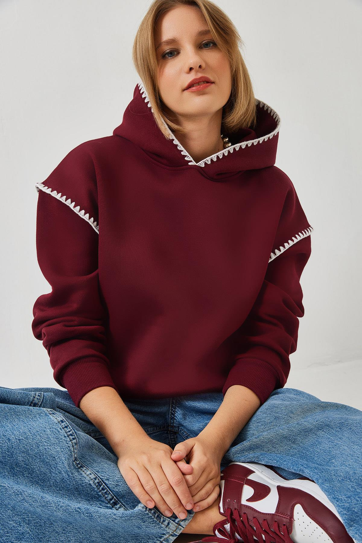 Kapişonlu Dantel Detaylı Sweatshirt 60601028 - Bordo