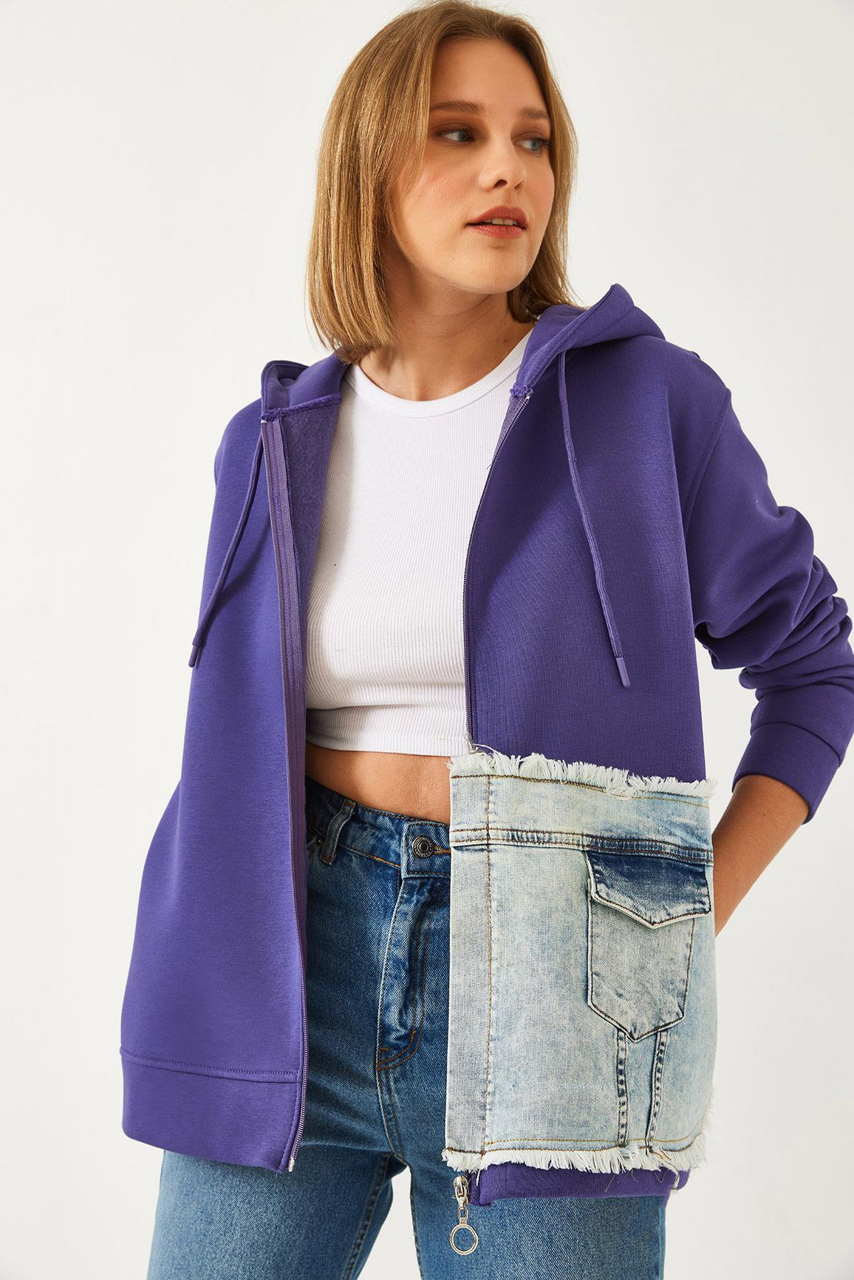 Kapişonlu Denim Parçalı Hırka 8175 60351326 - Mor HIRKA modelleri