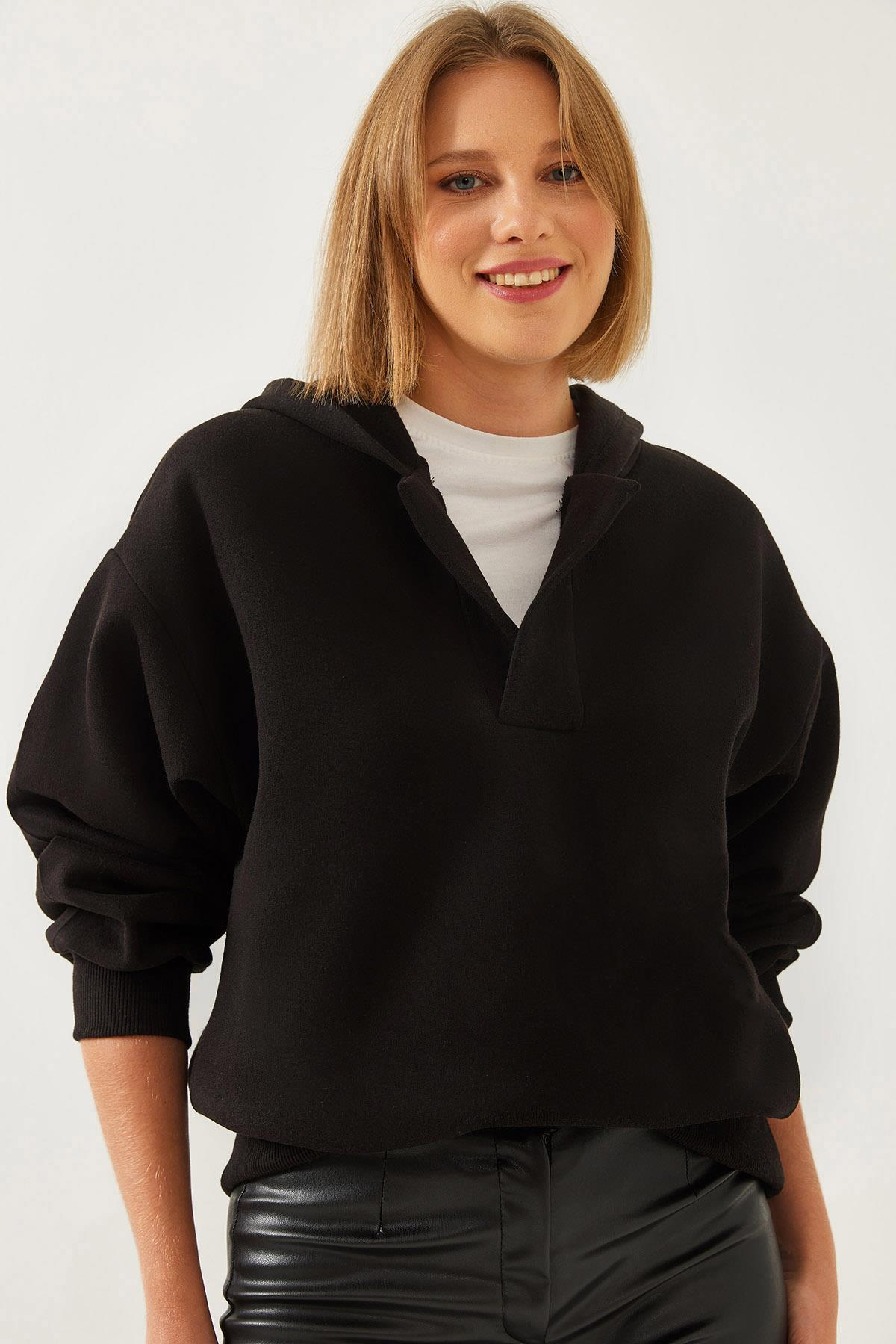 Kapişonlu V Yaka Sweatshirt 60351253 - Siyah