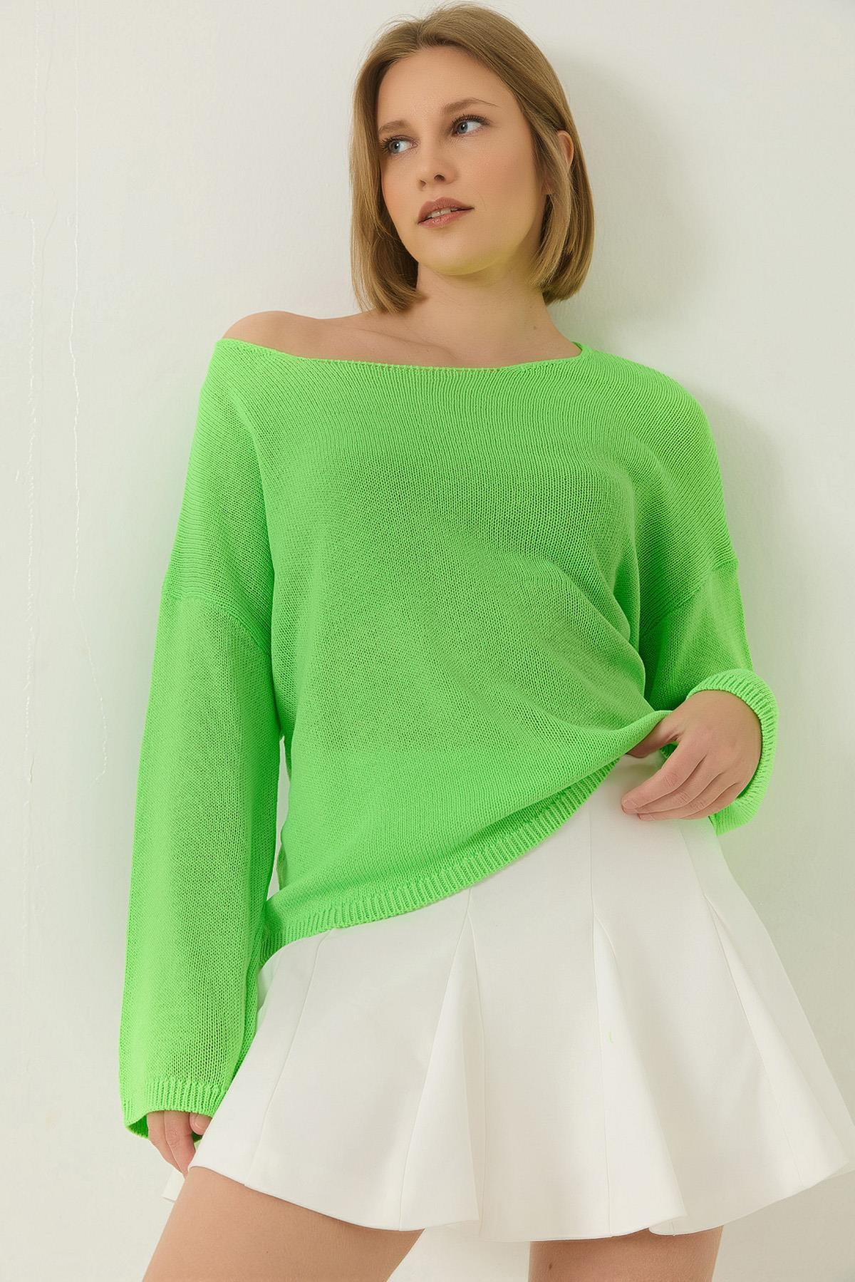 Kayık Yaka Triko Merserize Basic Bluz 251014 60283138 - Neon Yeşil