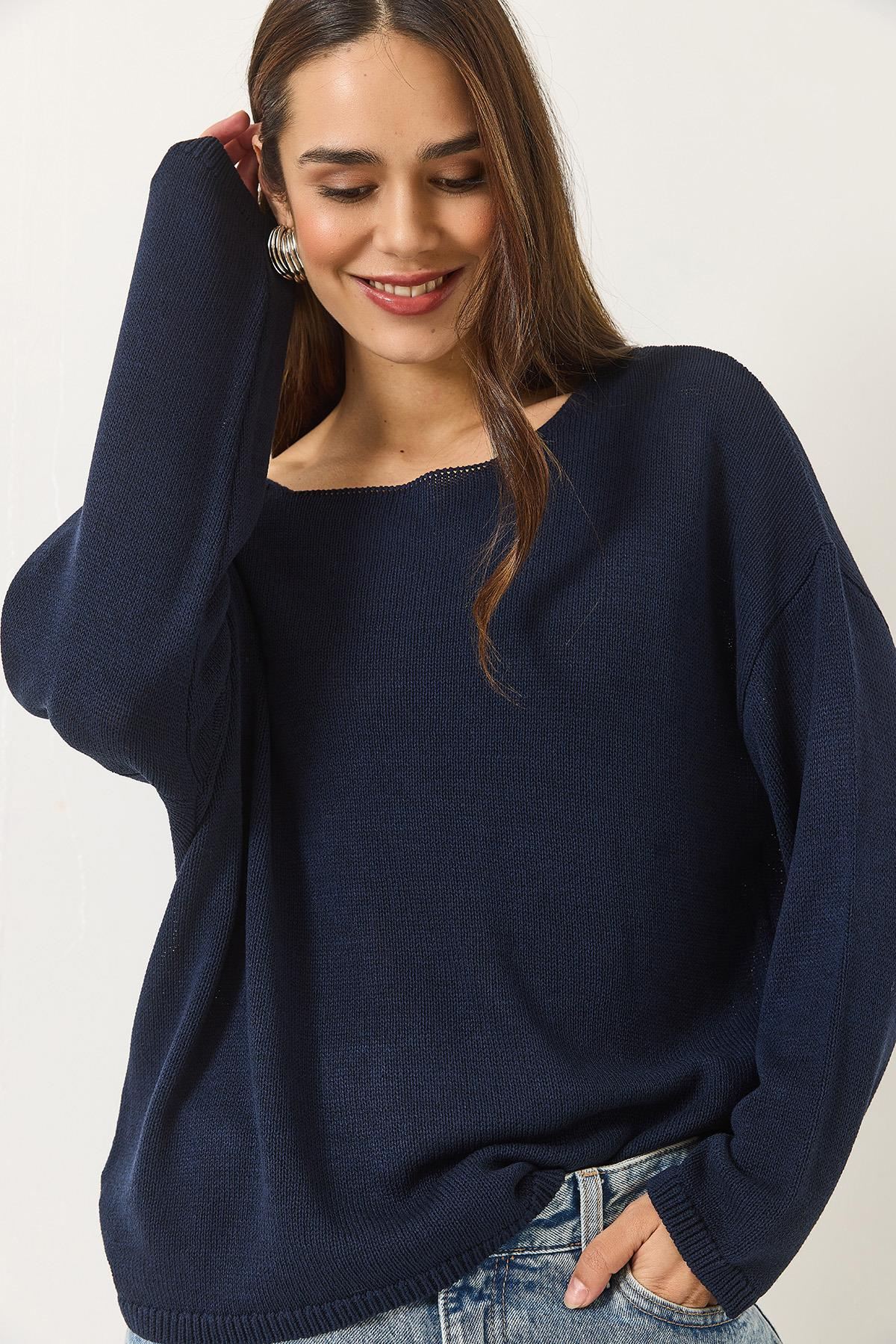 Kayık Yaka Triko Merserize Basic Bluz 251014 60283138 - Lacivert