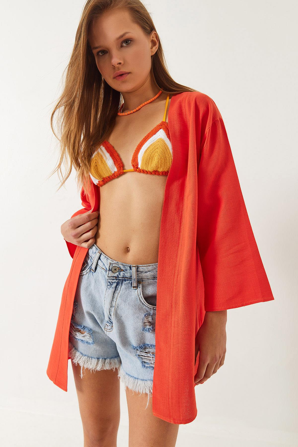 Keten Dokulu Kısa Basic Kimono 60261496 - Orange
