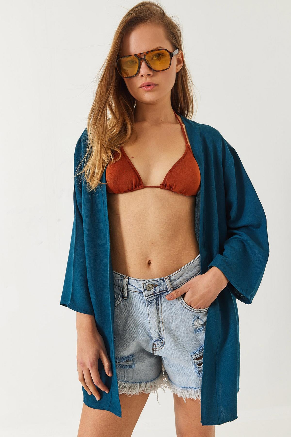 Keten Dokulu Kısa Basic Kimono 60261496 - Petrol