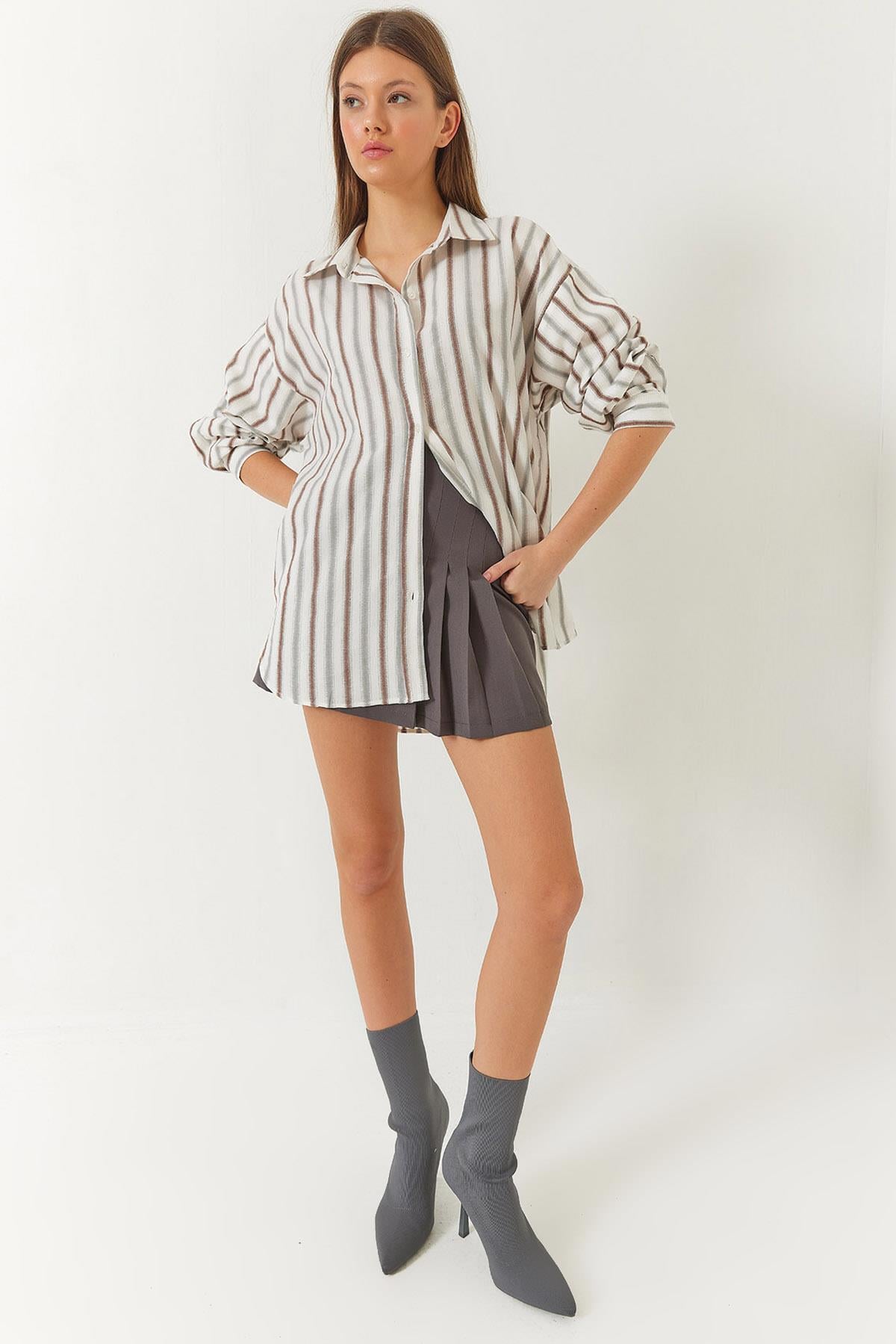Keten Oversize Çizgili Basic Gömlek 60261417 - Kahve