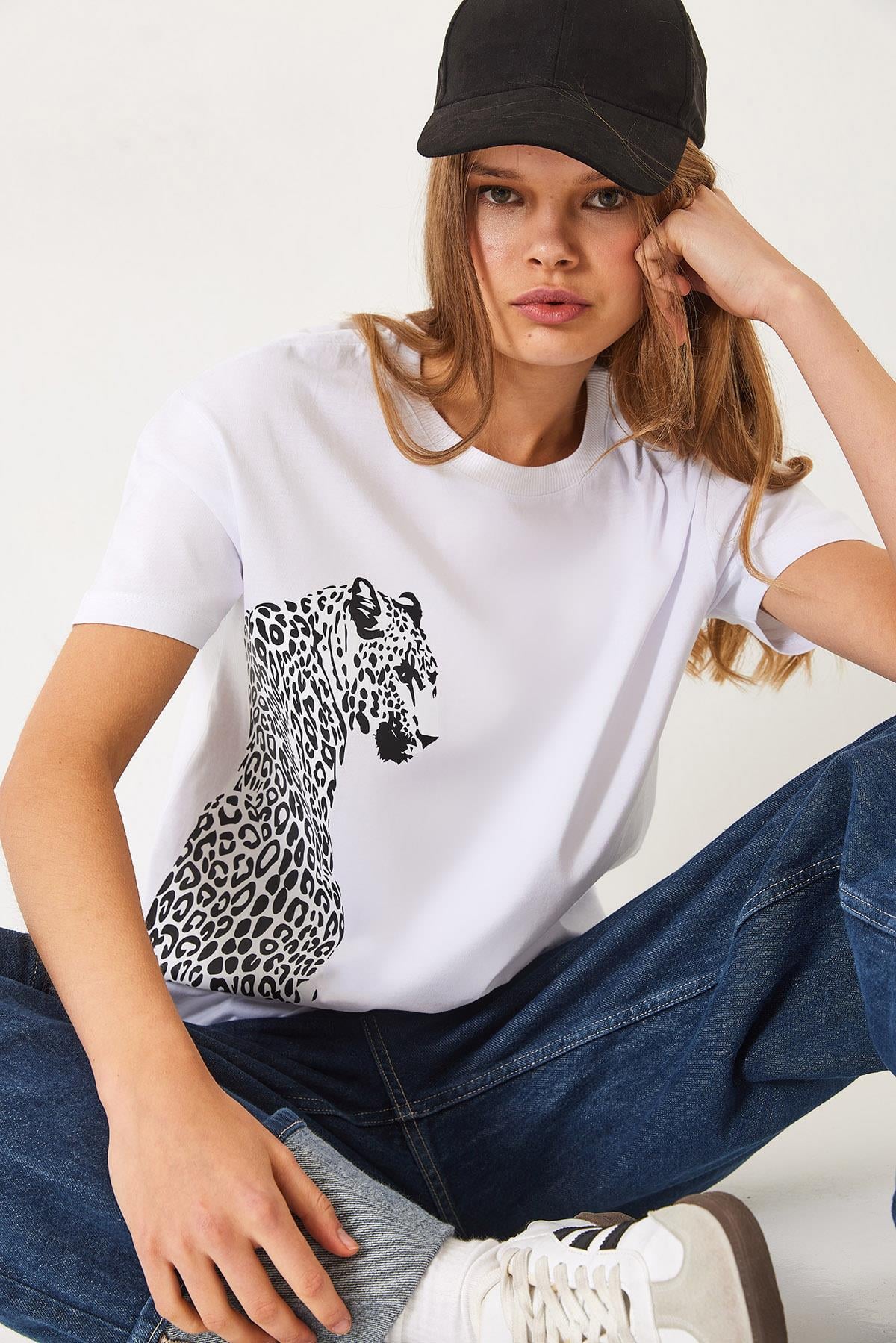Kısa Kollu Aslan Baskılı Basic T-Shirt 60602014 - Beyaz
