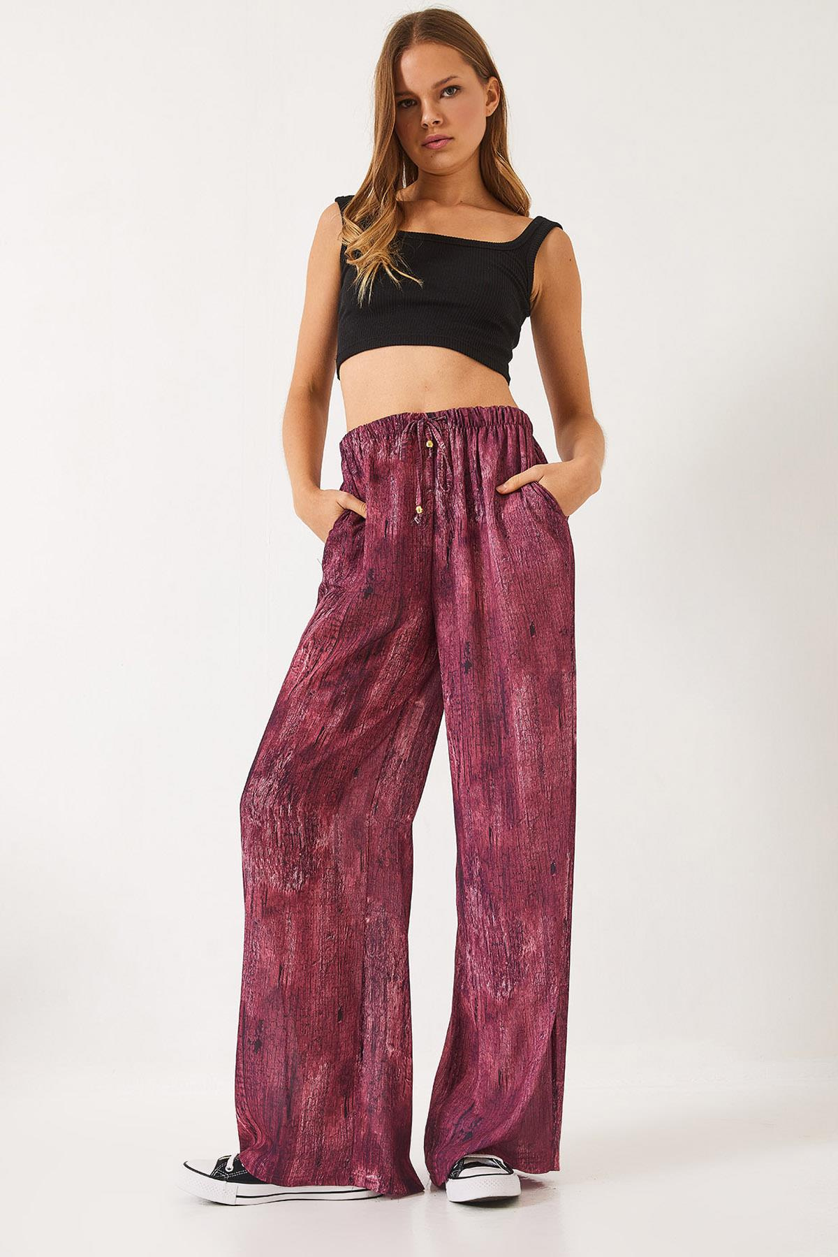 Kontrast Geçişli Cep Detaylı Wide Leg Pantolon 60440-2 60271056 - Bordo