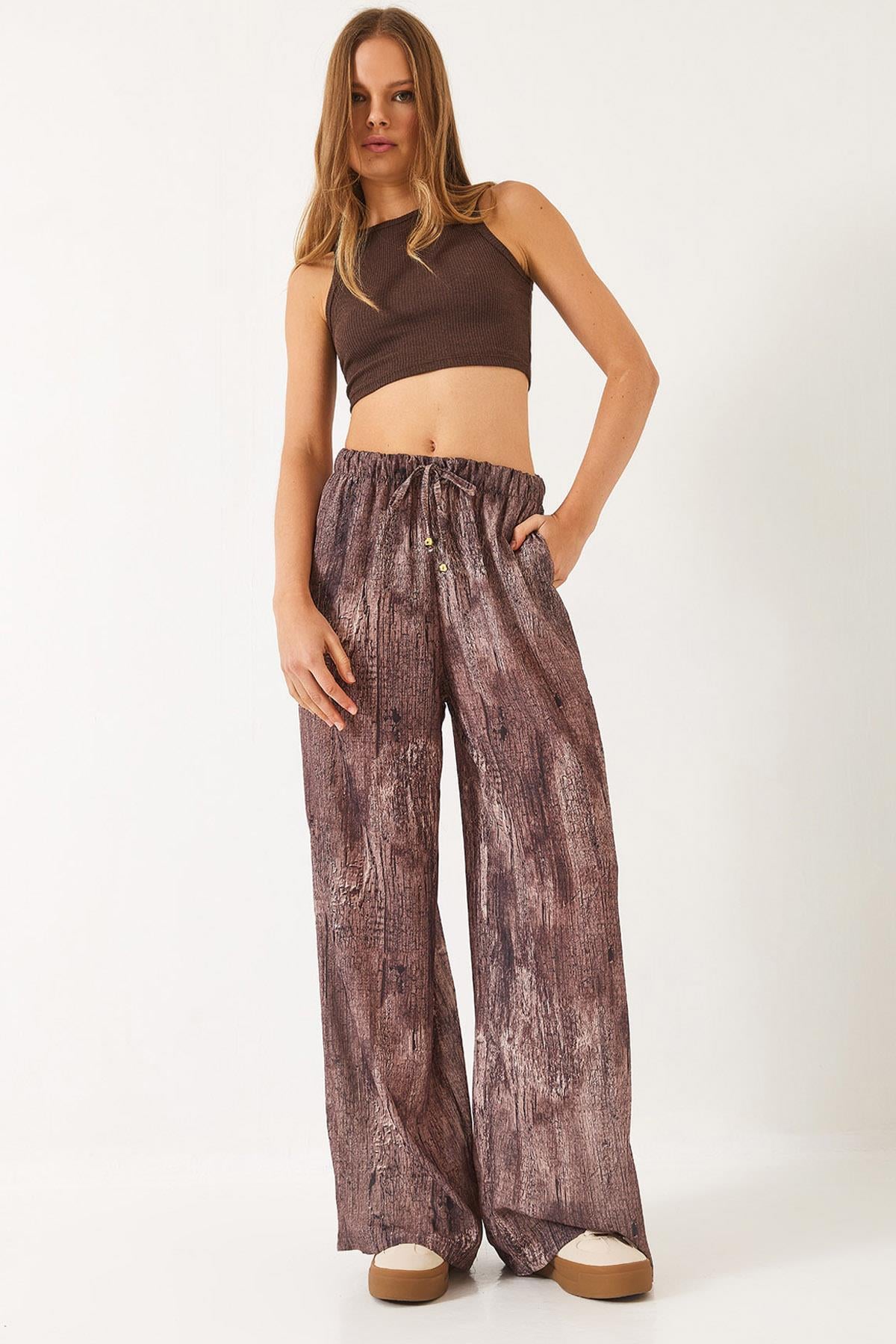 Kontrast Geçişli Cep Detaylı Wide Leg Pantolon 60440-2 60271056 - Kahve