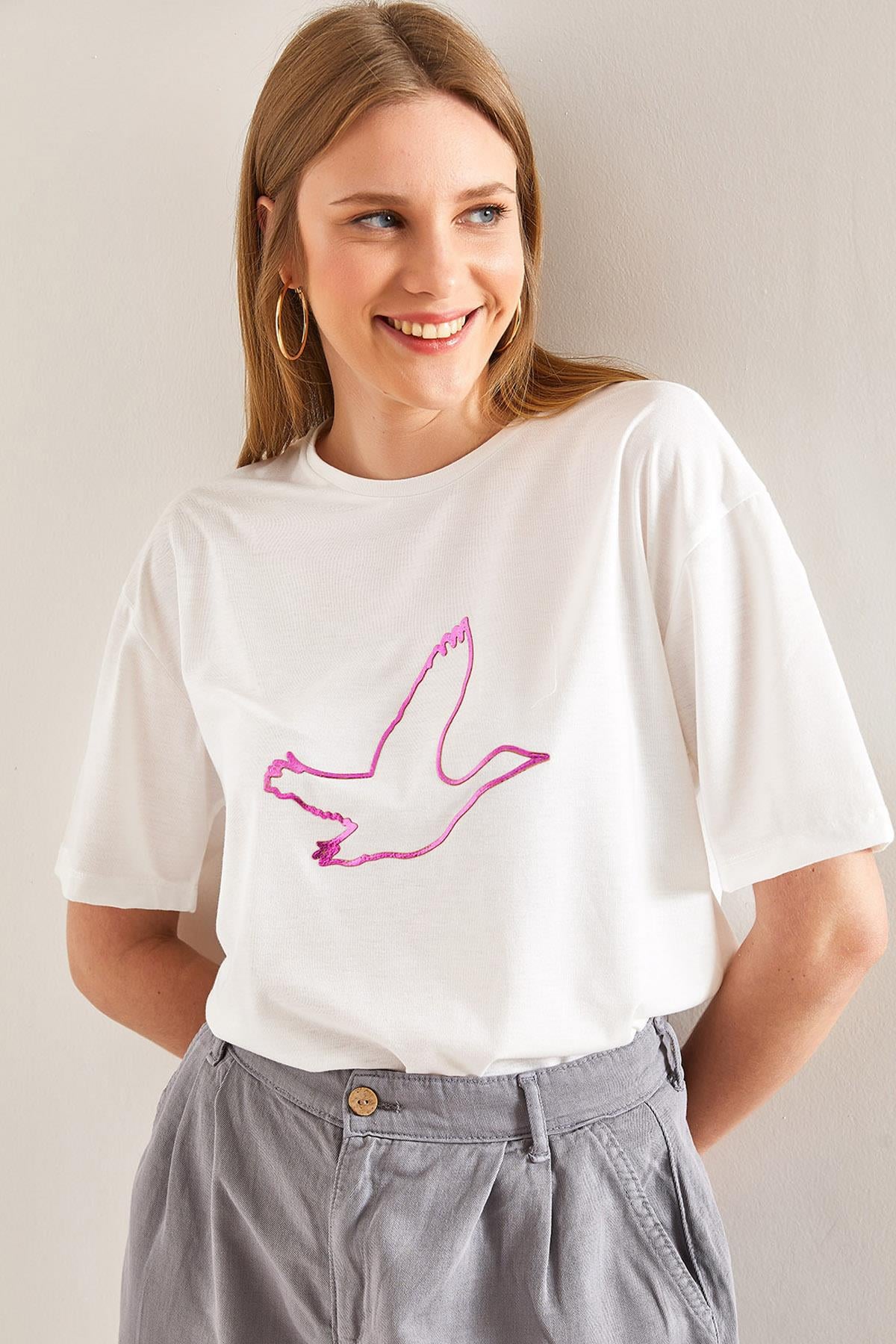 Kuş İşlemeli Basic Tshirt - Fuşya T-SHİRT modelleri