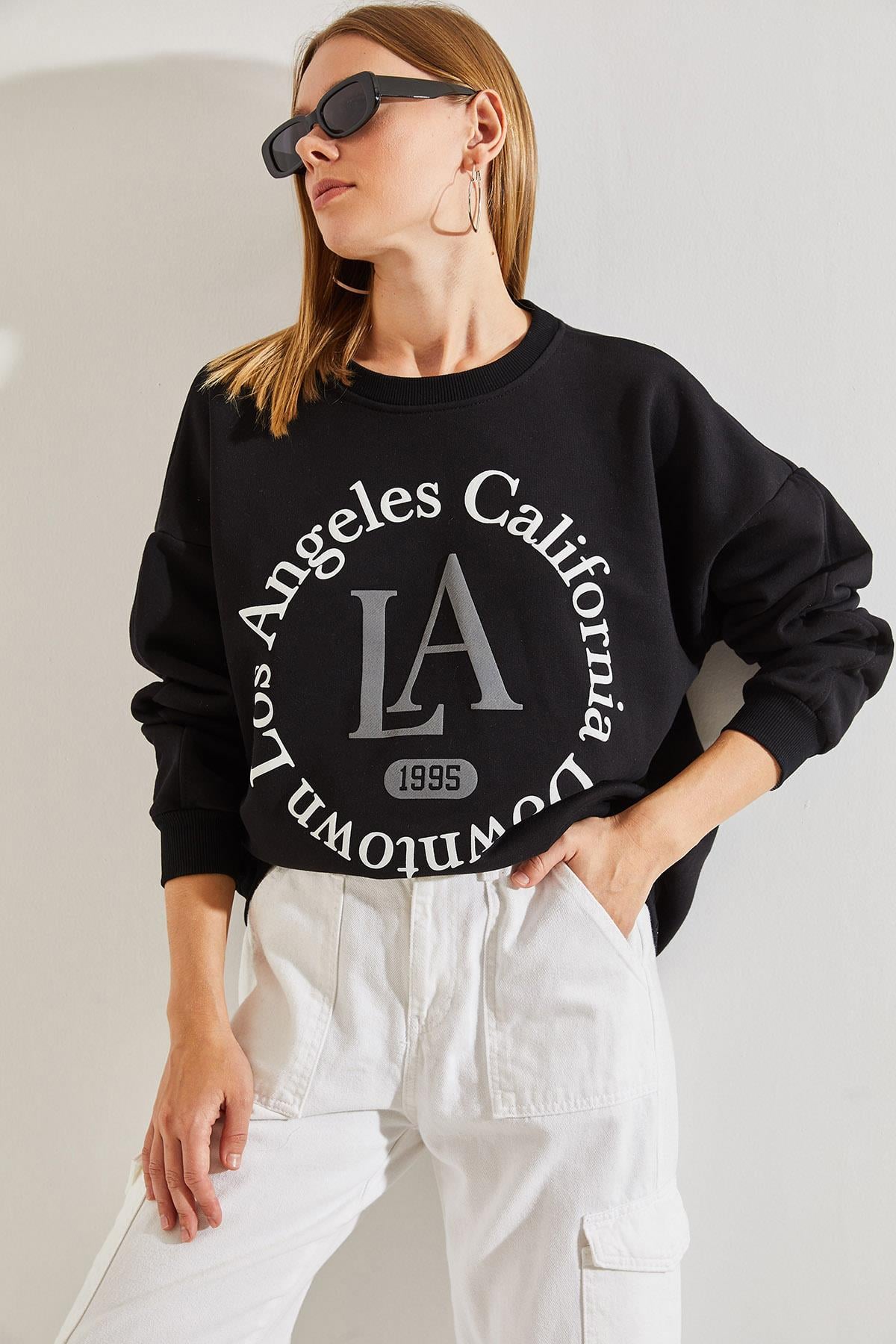 La Baskılı Üç İplik Şardonlu Sweatshirt - Siyah SWEATSHİRT modelleri