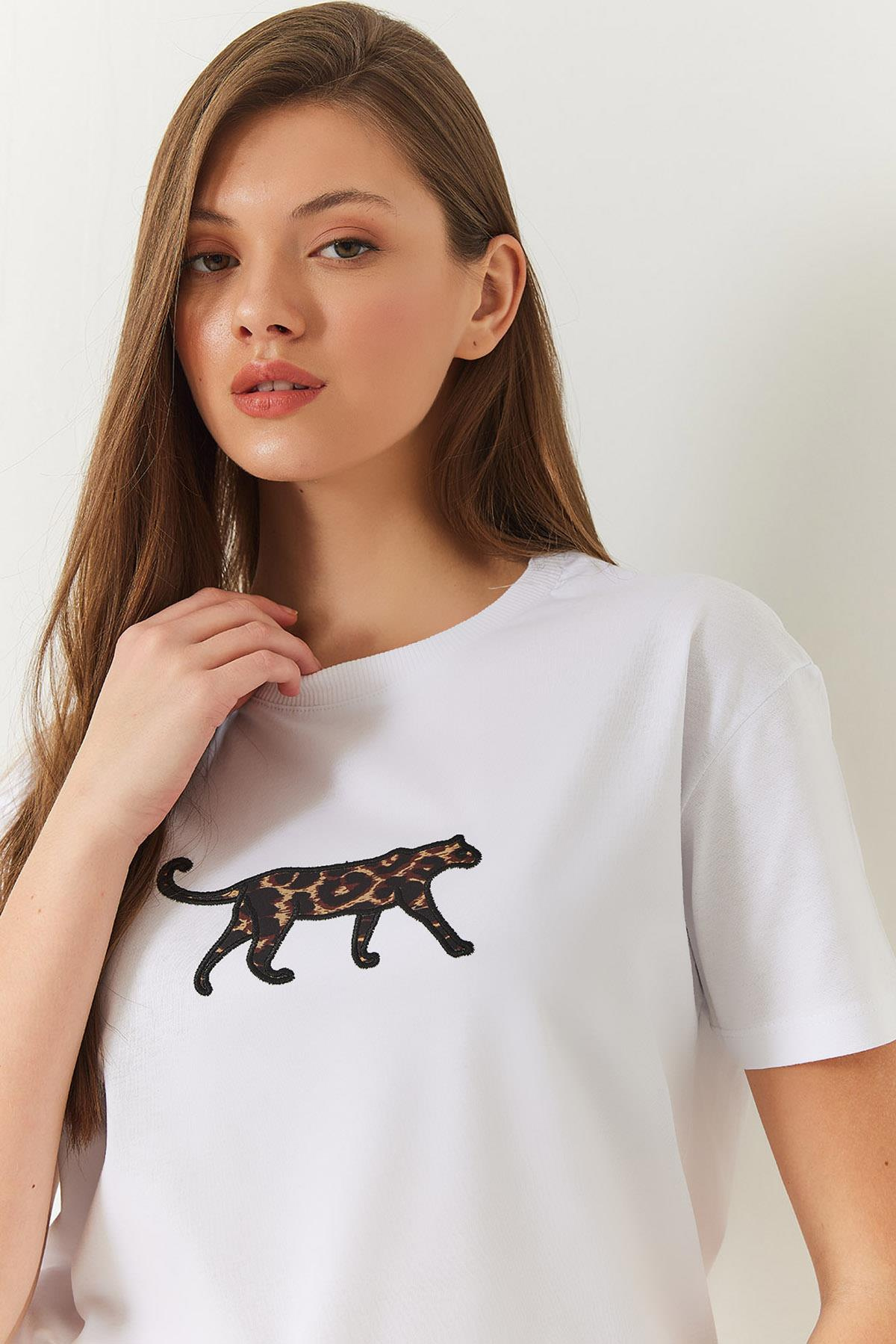 Leopar Baskılı Tshirt 60602006 - Beyaz