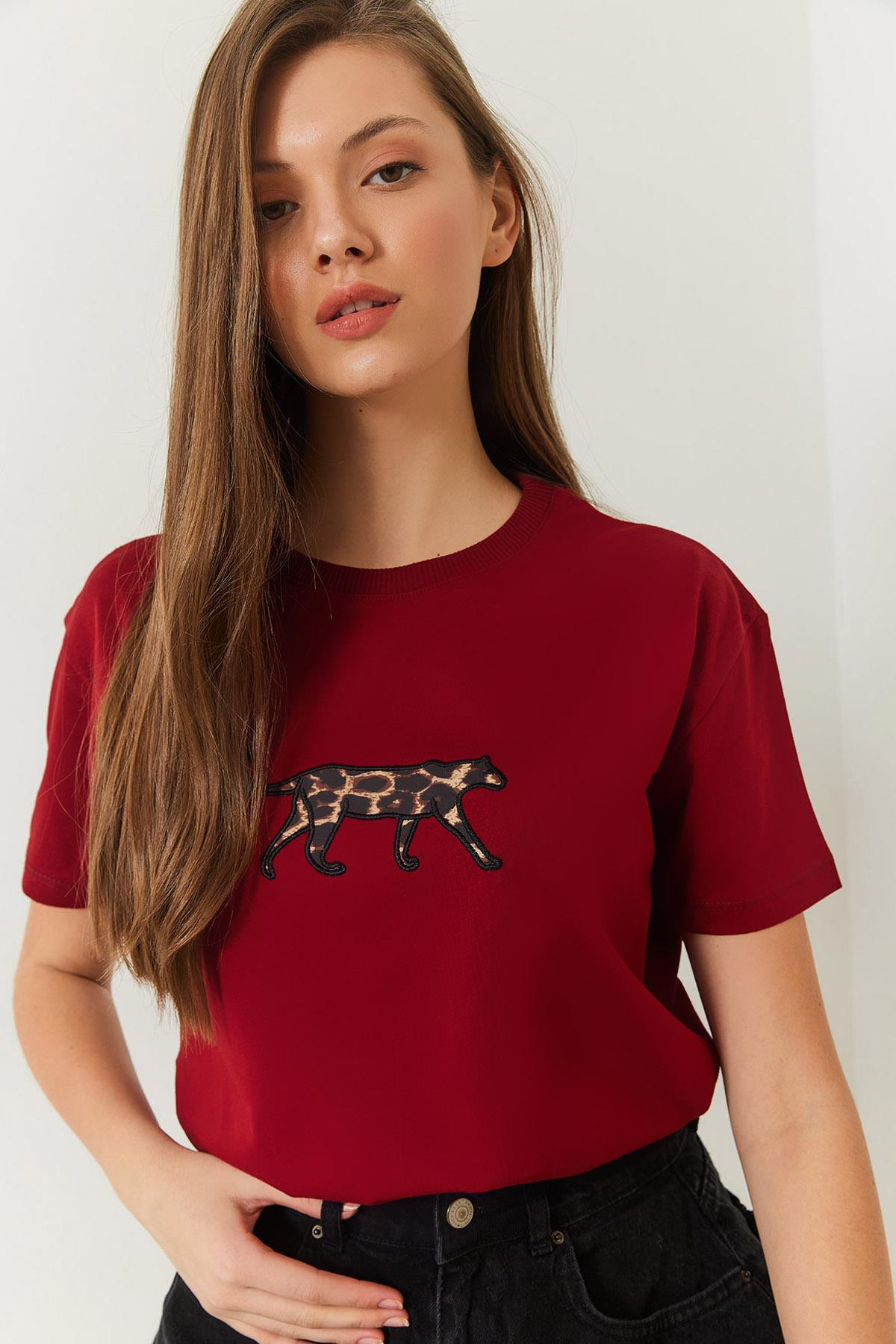 Leopar Baskılı Tshirt 60602006 - Bordo