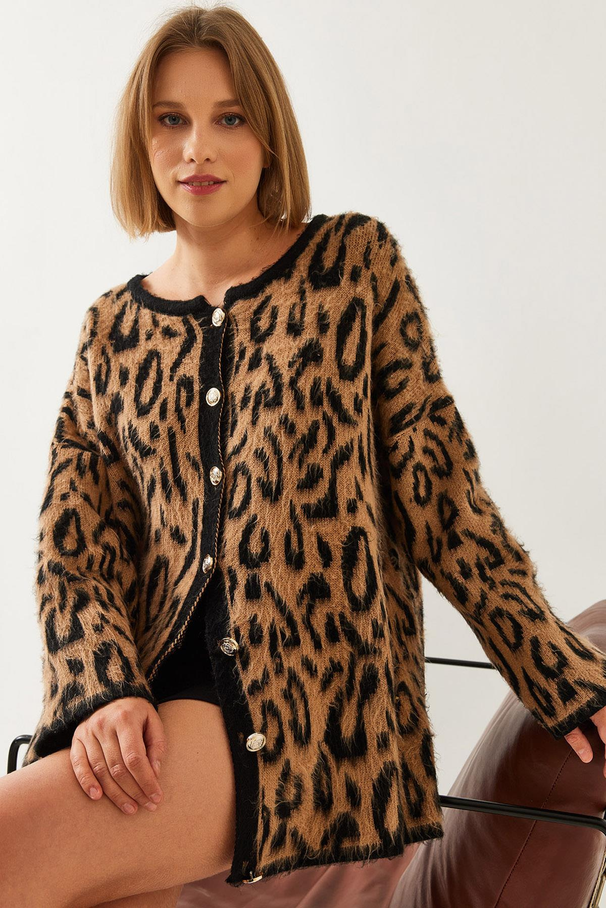 Leopar Desenli Oversize Triko Hırka 60351259 - Camel