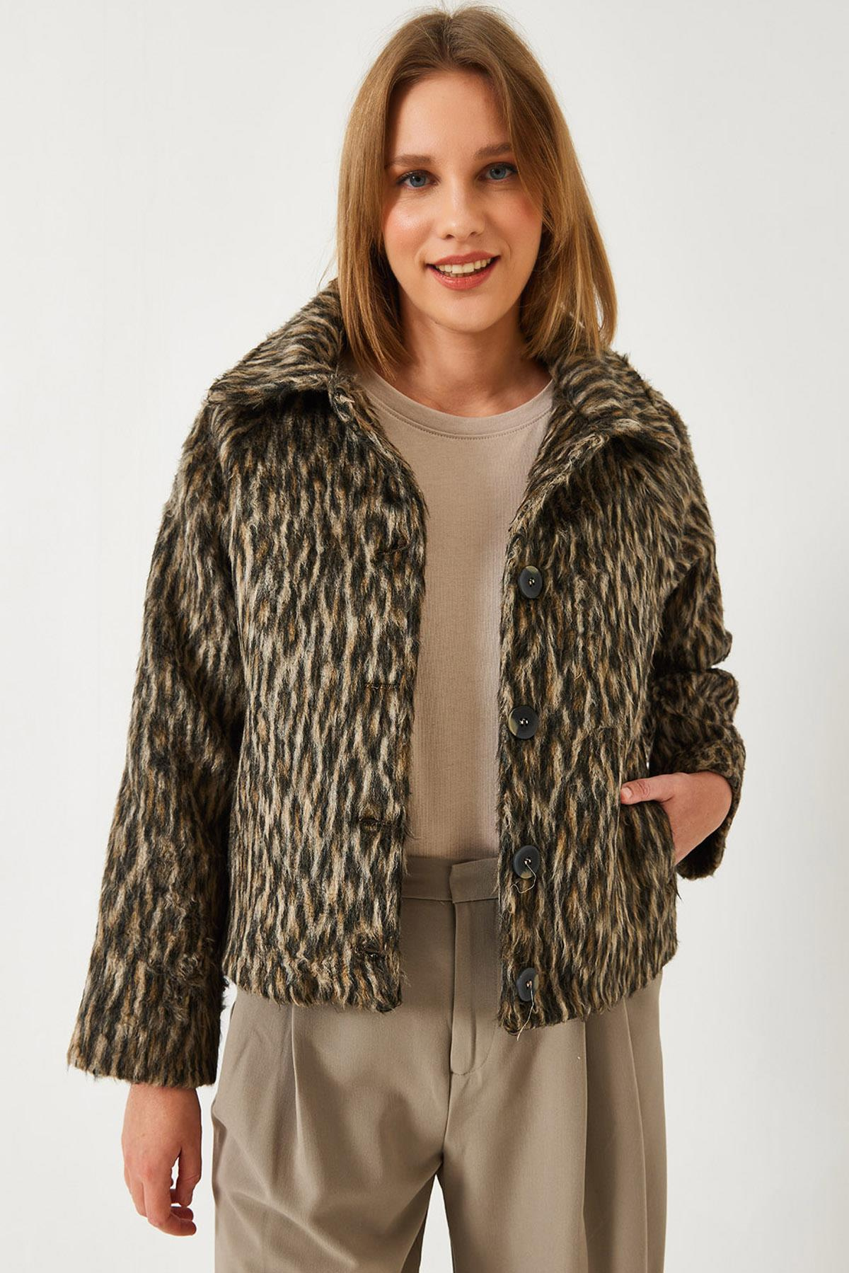 Leopar Desenli Reglan Kollu Şardonlu Ceket 60261251 - Siyah-Bej