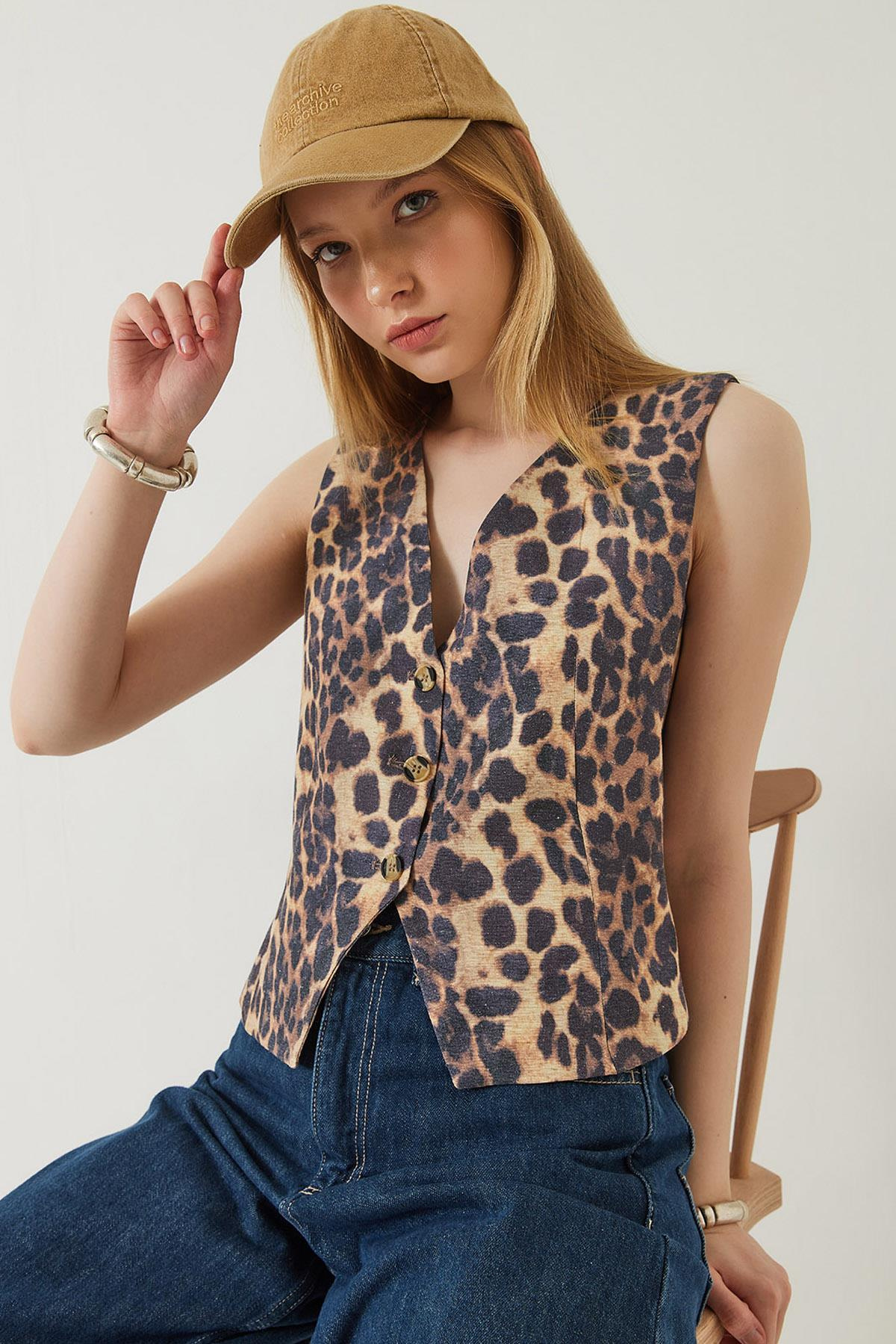 Leopar Desenli V Yaka Dokuma Yelek 60261304 - Siyah-Bej