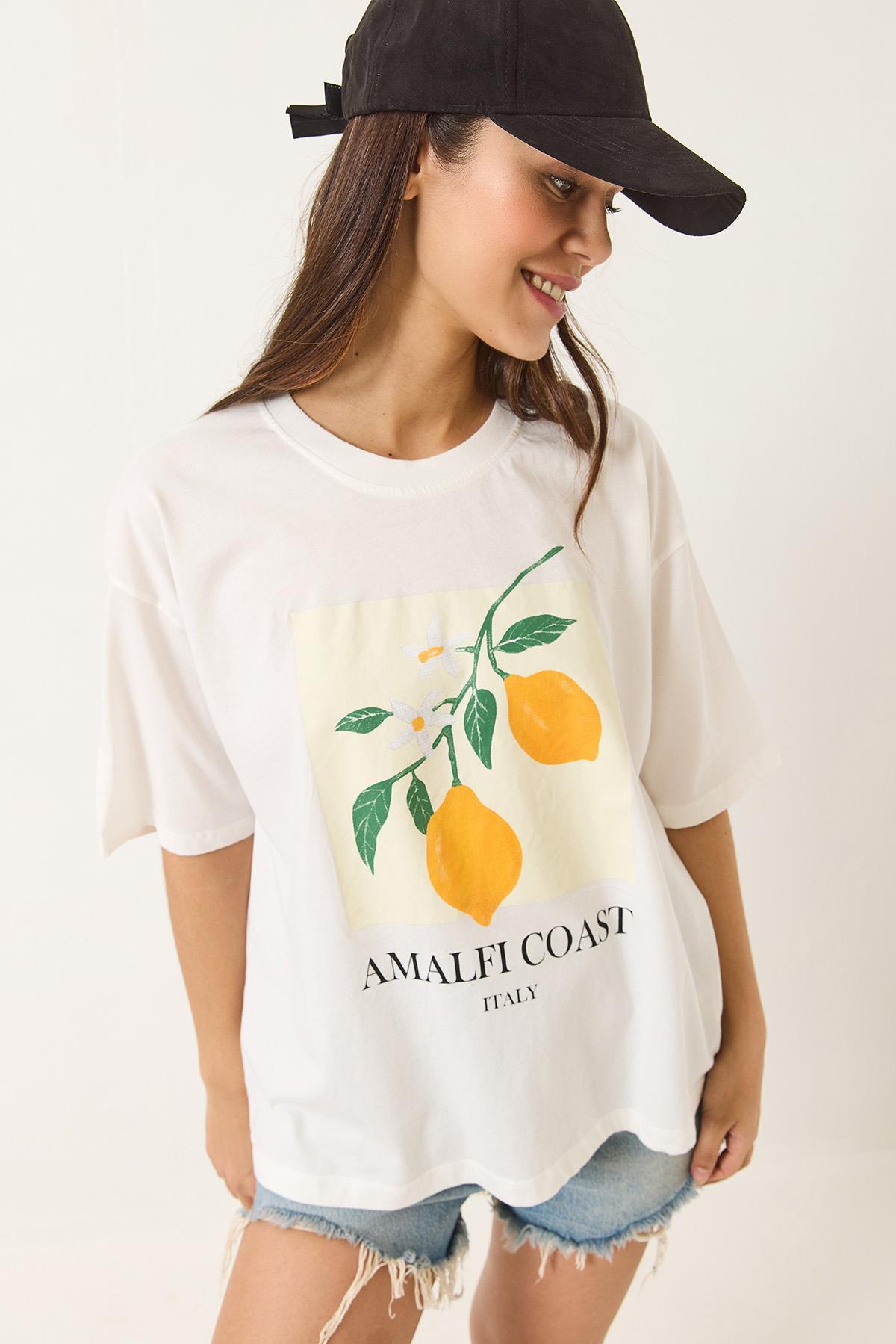 Limon Baskılı Beyaz Pamuk Penye Oversize T-Shirt 251047 60283126 - Beyaz