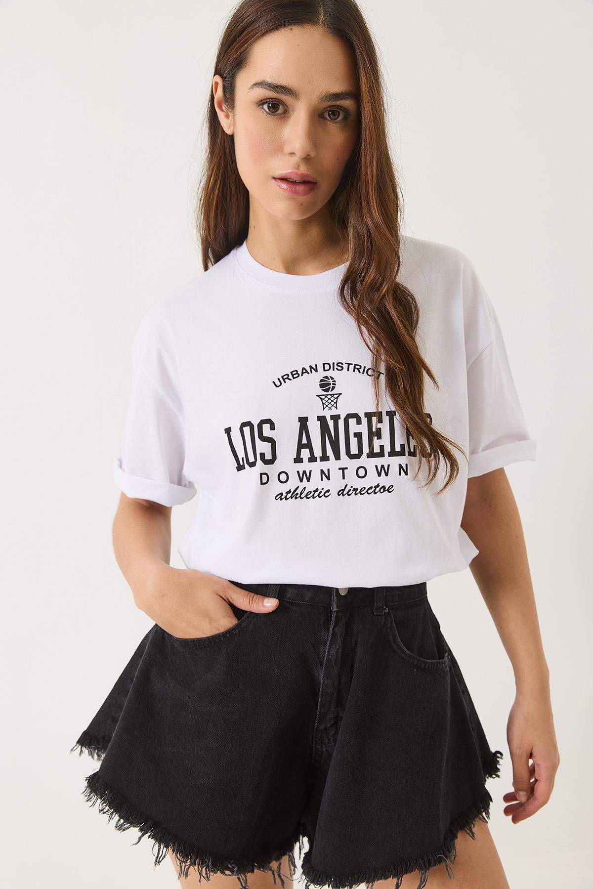 Los Angeles Baskılı Bisiklet Yaka Salaş T-Shirt 0269 60283154 - Beyaz