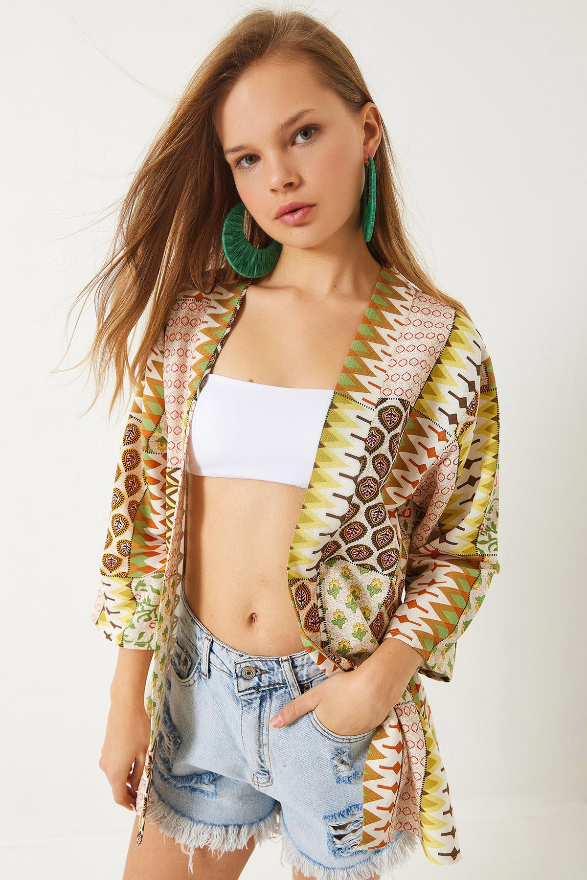 Multi Desenli Viskon Keten Kısa Kimono 60261537 - Yeşil