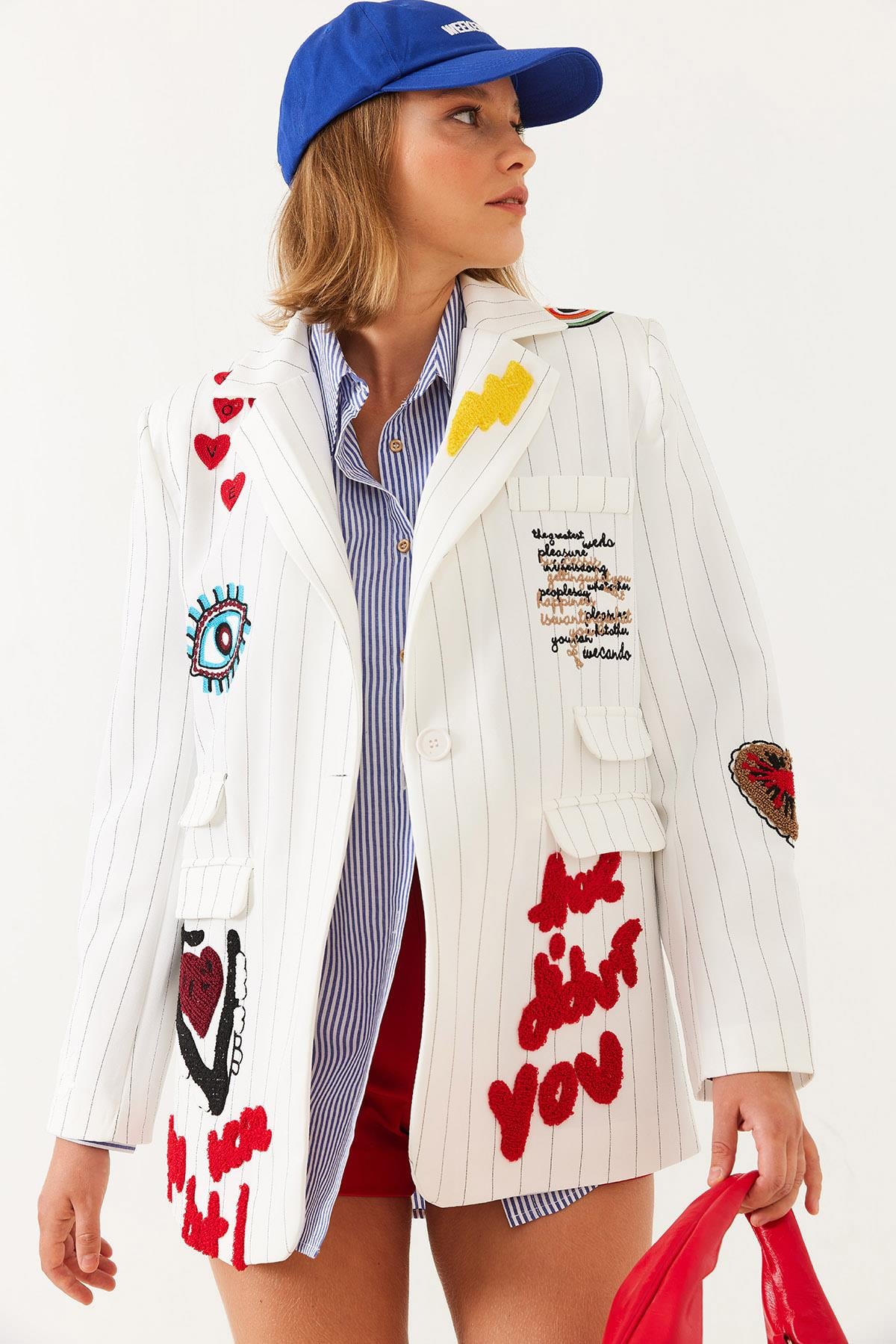 Nakış Detaylı Blazer Ceket 4016 60251829 - Beyaz CEKET modelleri