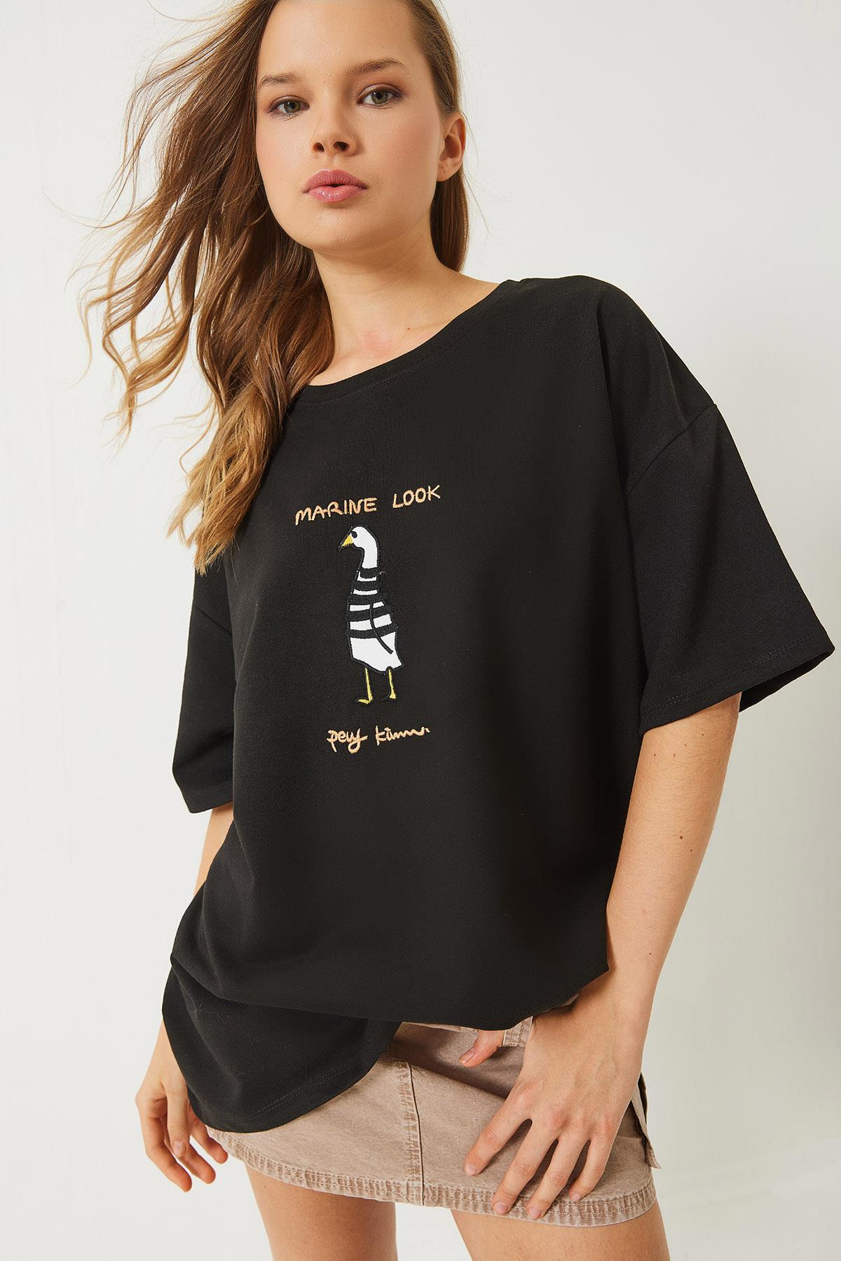 Nakışlı Oversize Örme T-Shirt 3037 60283078 - Siyah