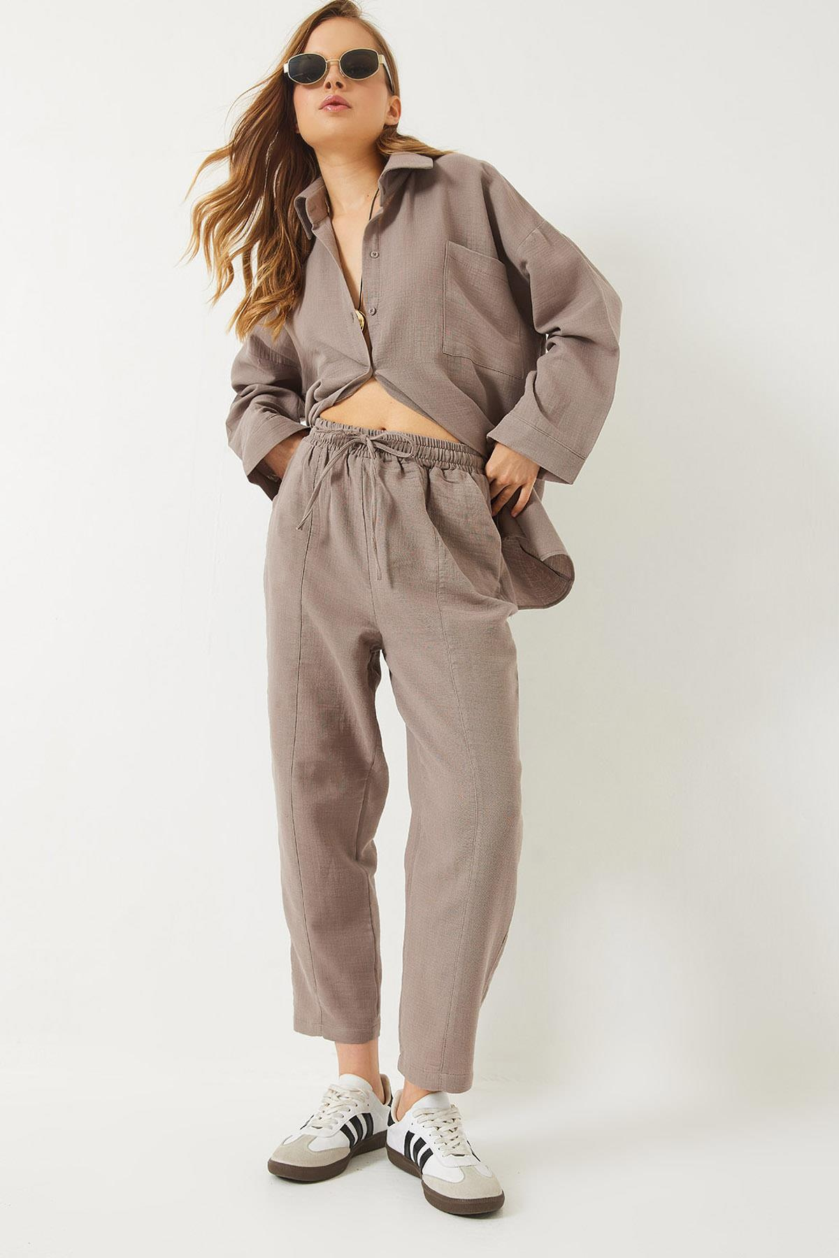 Oversize Gömlek Şalvar Pantolon Müslin Alt-Üst Takım 9259 60283113 - Vizon