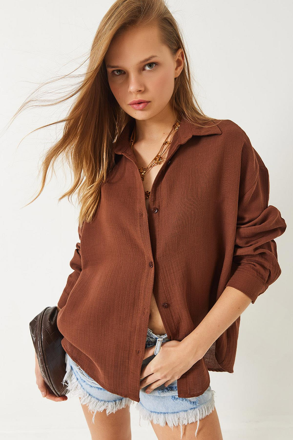 Oversize Uzun Kollu Müslin Basic Gömlek 34363 60282004 - Kahverengi