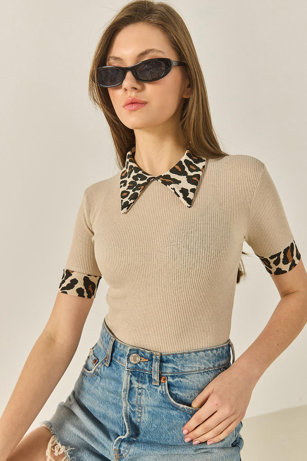 Polo Yaka Leopar Detaylı Fitilli Örme Bluz 2470 60284047 - Bej