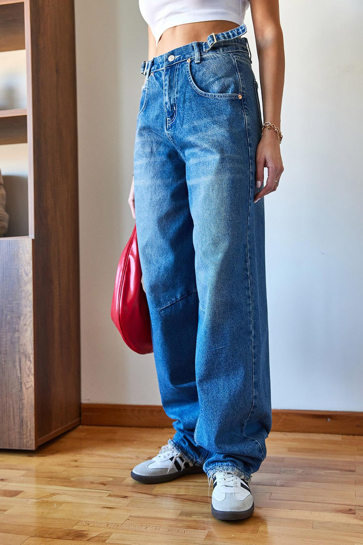 Püsküllü Yanları Tokalı Denim Pantolon 5179 60351101 - İndigo PANTOLON modelleri