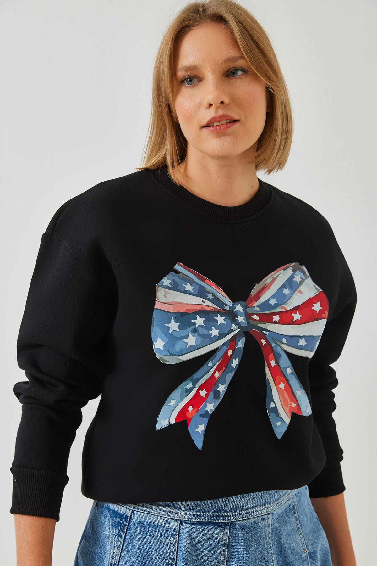 Renkli Kelebek Baskılı Sweatshirt MBHS019 60601019 - Siyah