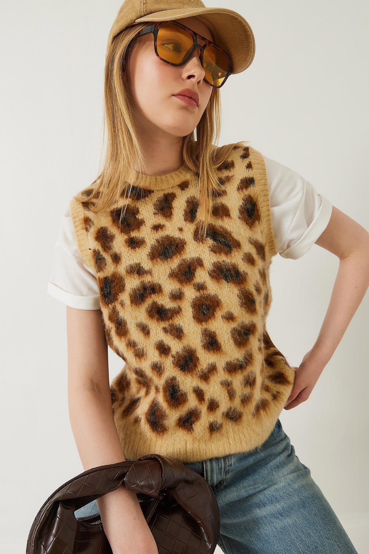 Şardonlu Leopar Desenli Süveter 20246281 - Camel-Kahverengi