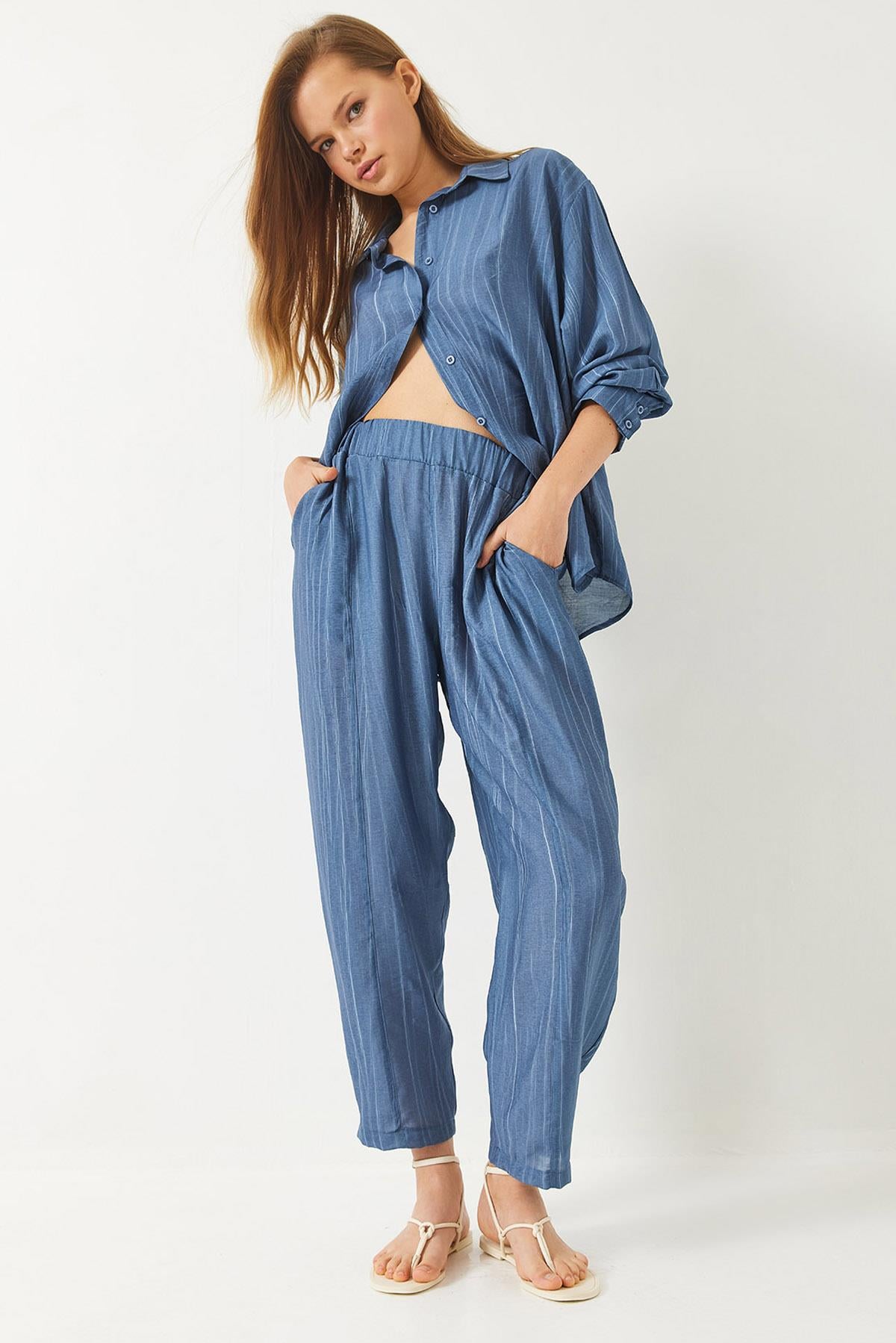 Sieva Kumaş Oversize Viskon Gömlek Pantolon Alt-Üst Takım 9291 60281015 - İndigo